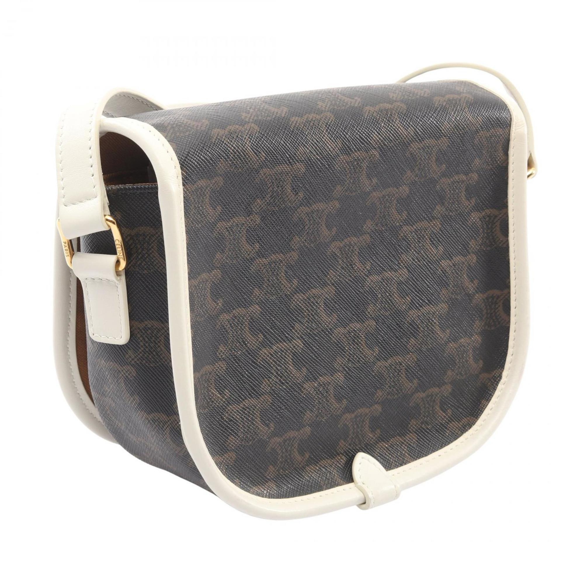 Celine Folco Medium Triomphe Shoulder Bag, Coated Canvas and Leather, Women's, Black, Brown, White