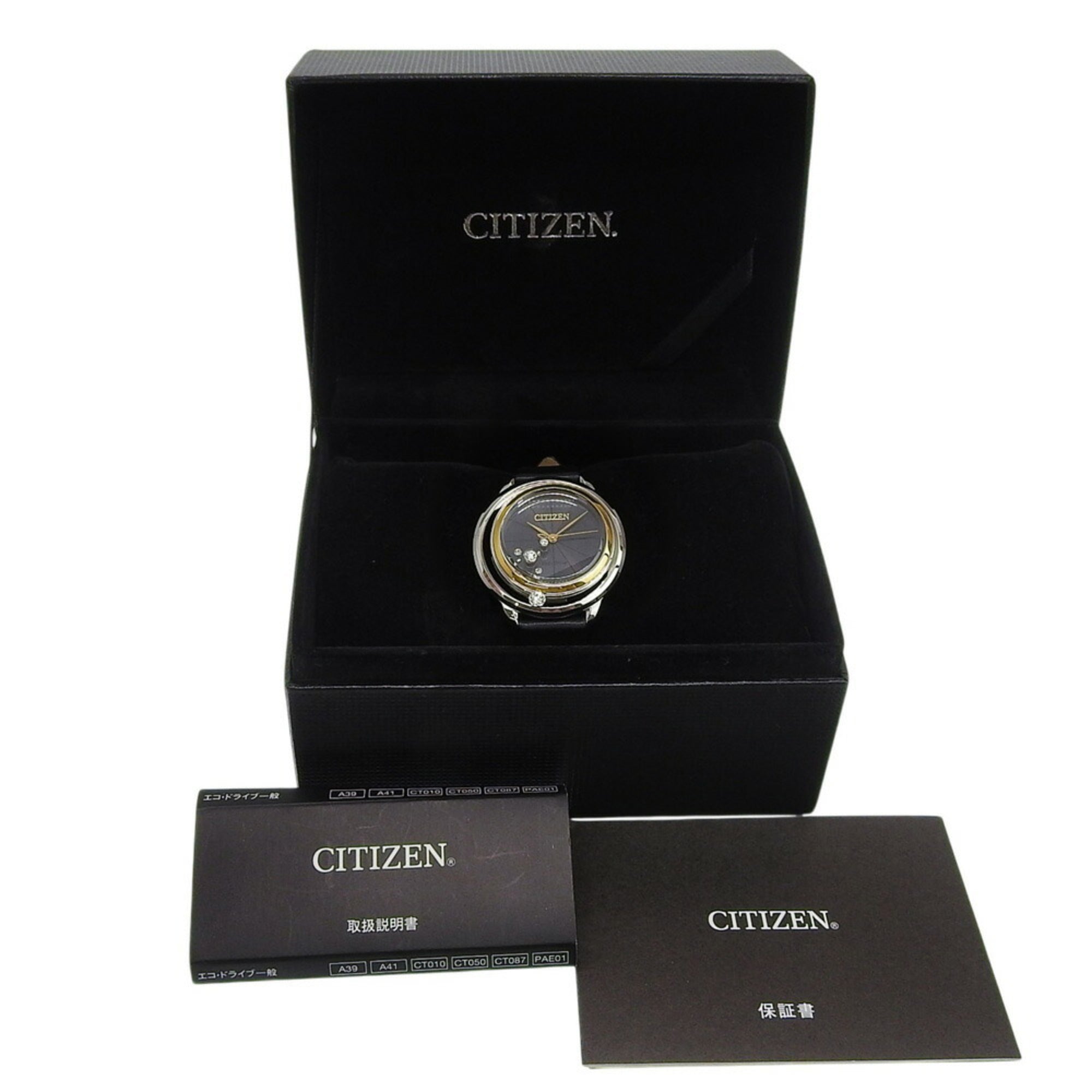 Citizen B036 S112052 Women's Watch, Black Dial, 3 Hands, 5 Diamonds, Stainless Steel, Leather Strap, Eco-Drive, Approx. 32mm — Very Good