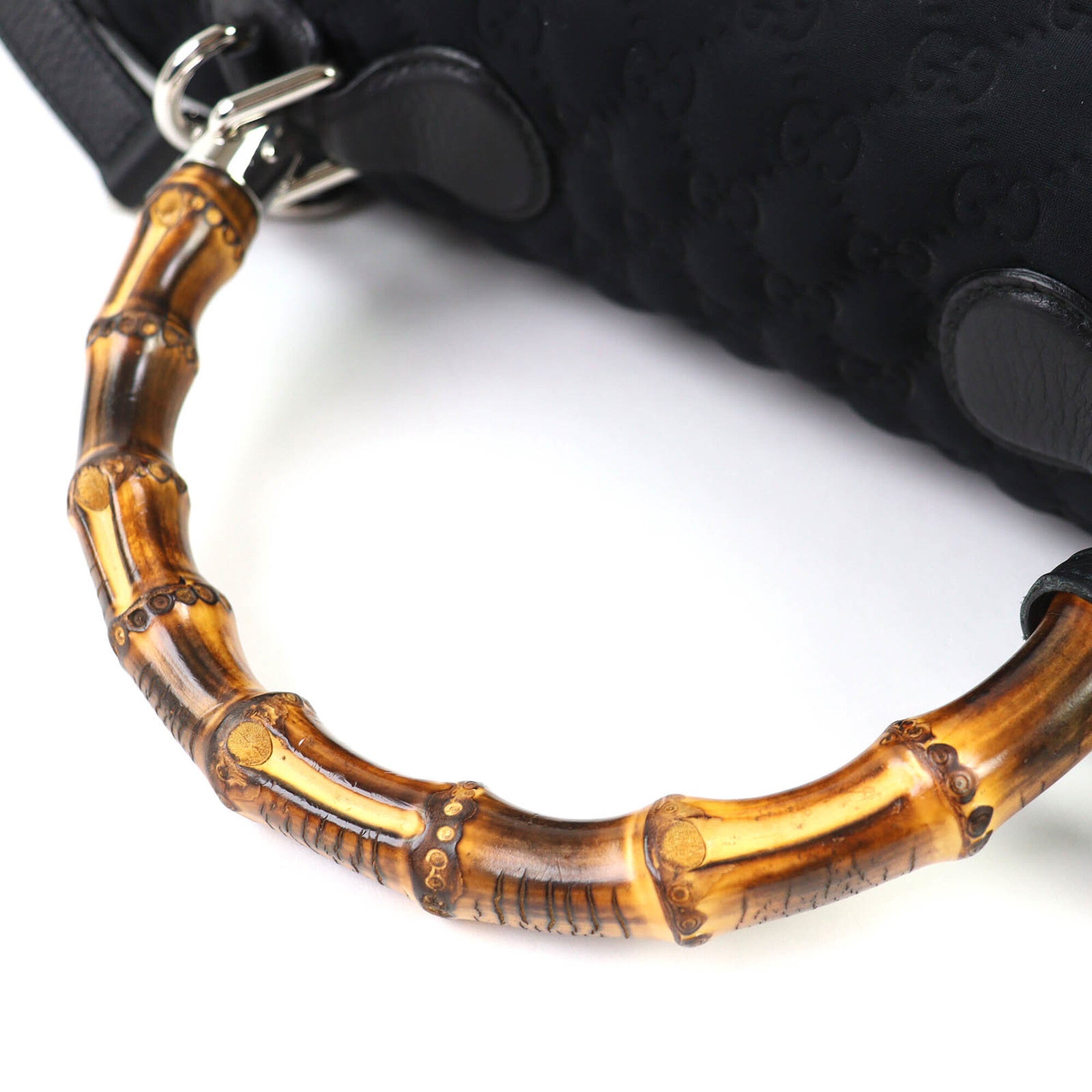 GUCCI 240241 Leather Microssima New Bamboo 2-Way Handbag Chain Shoulder Bag Black Silver Hardware with Dust Made in Italy Women's — Like New