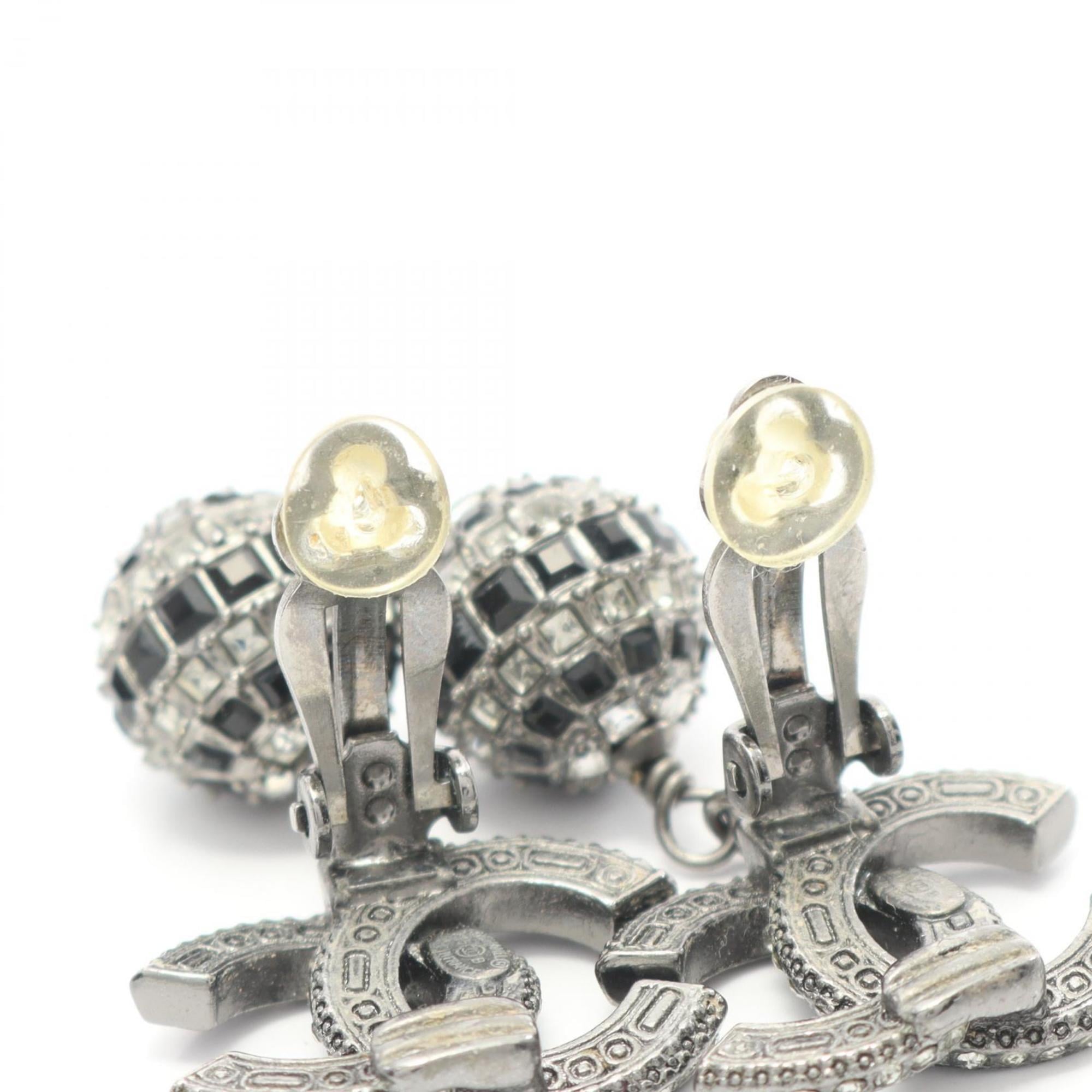 CHANEL Coco Mark Earrings, Stainless Steel with Rhinestones, Women's, Silver, Black, Clear