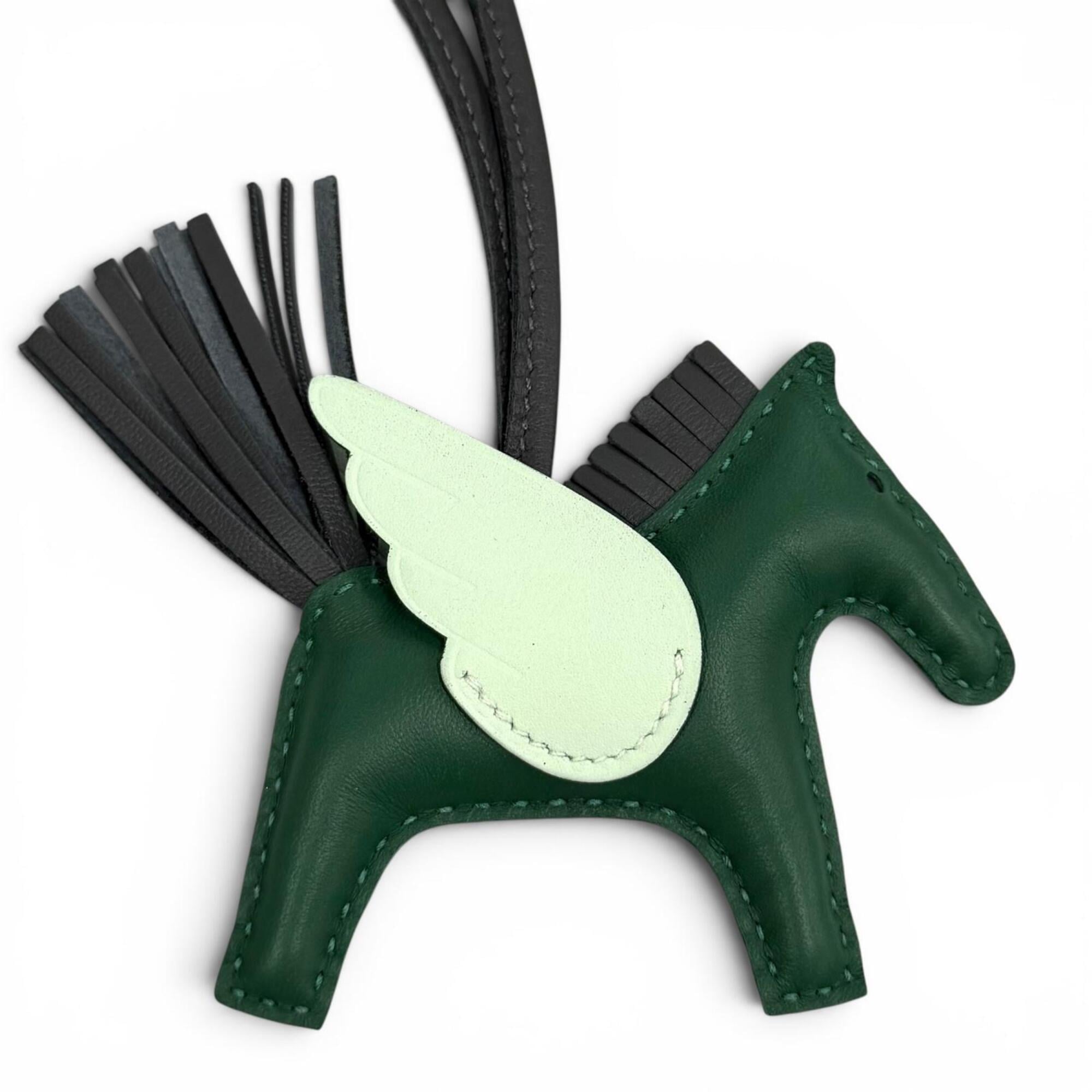 HERMES Rodeo Charm Pegasus PM Vert Moyent, Ardoise, Peppermint, Agneau Milo, Veau Swift Leather Bag Charm, W Stamp, Made in France, Women's, with Box — Like New