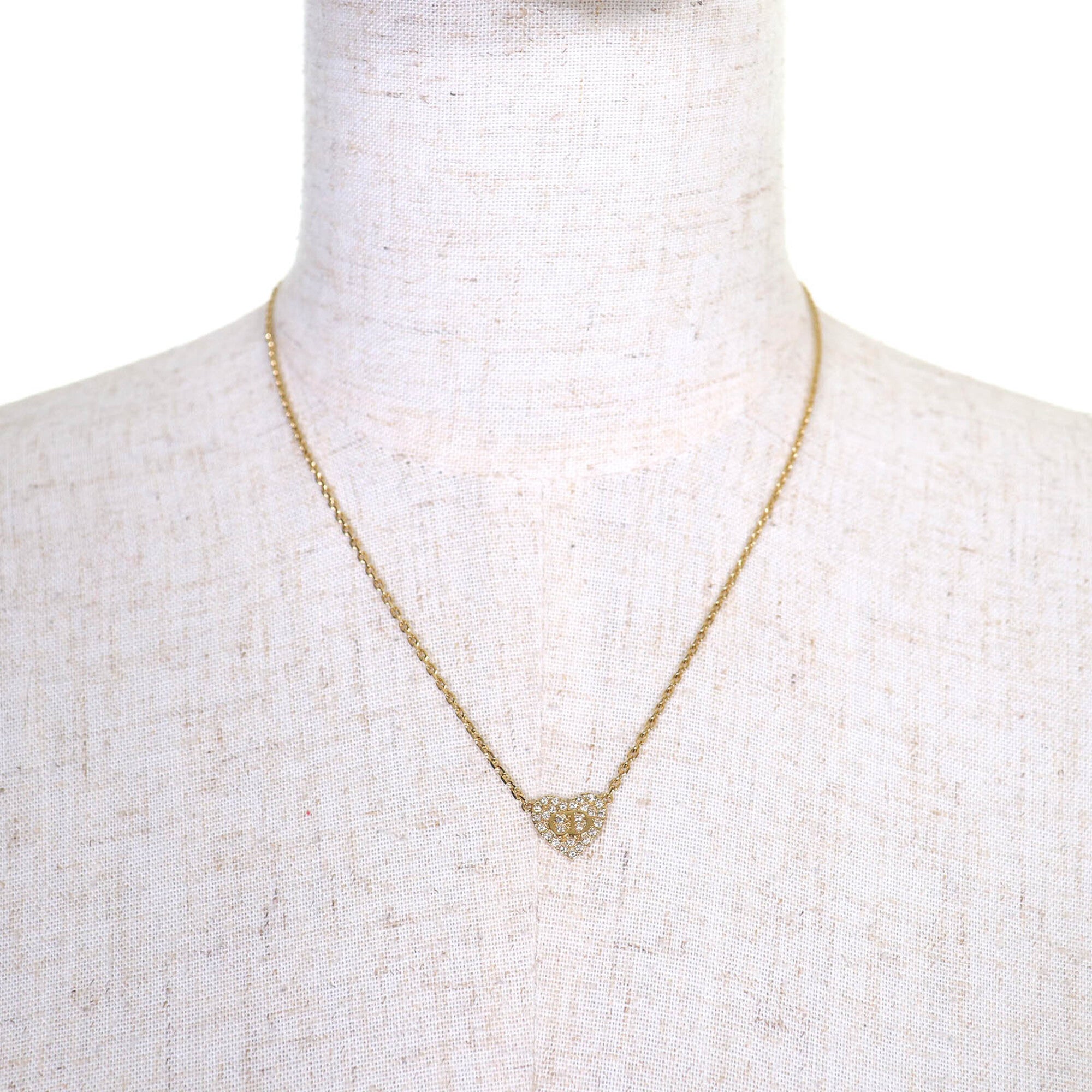 Christian Dior N3477WOMCY Clair D Lune Rhinestone CD Logo Heart Necklace 44cm Gold with Box and Dust Bag for Women — Like New