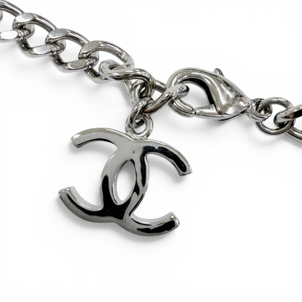 CHANEL (Chanel) 2025 Model B25C Coco Mark Rhinestone Leather Necklace Choker Silver White Made in Italy Women's — Like New
