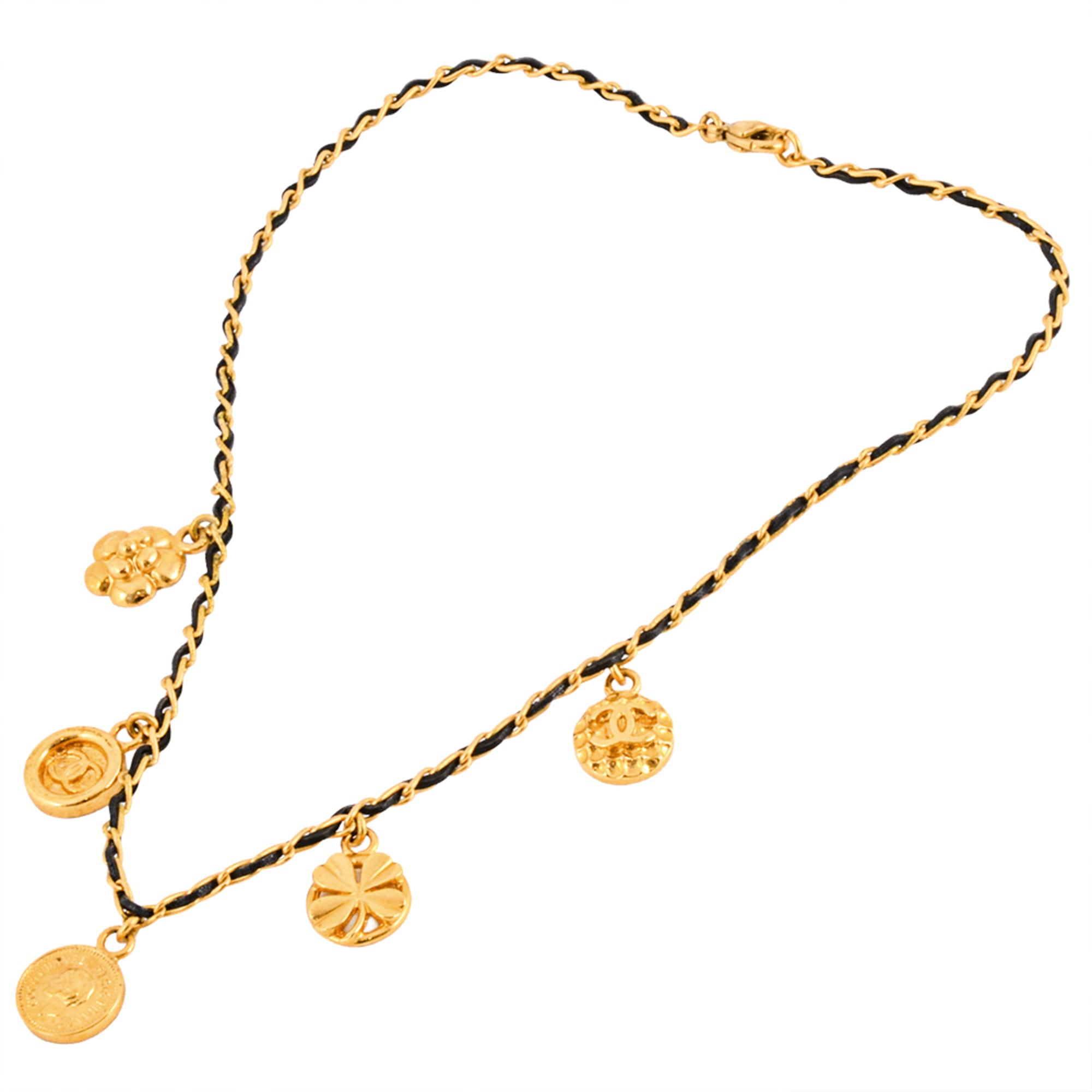CHANEL Choker Necklace, Metal, Leather, 96 P Engraved, Gold, Coco Mark, Coin, Medal, Clover, Camellia, Women's