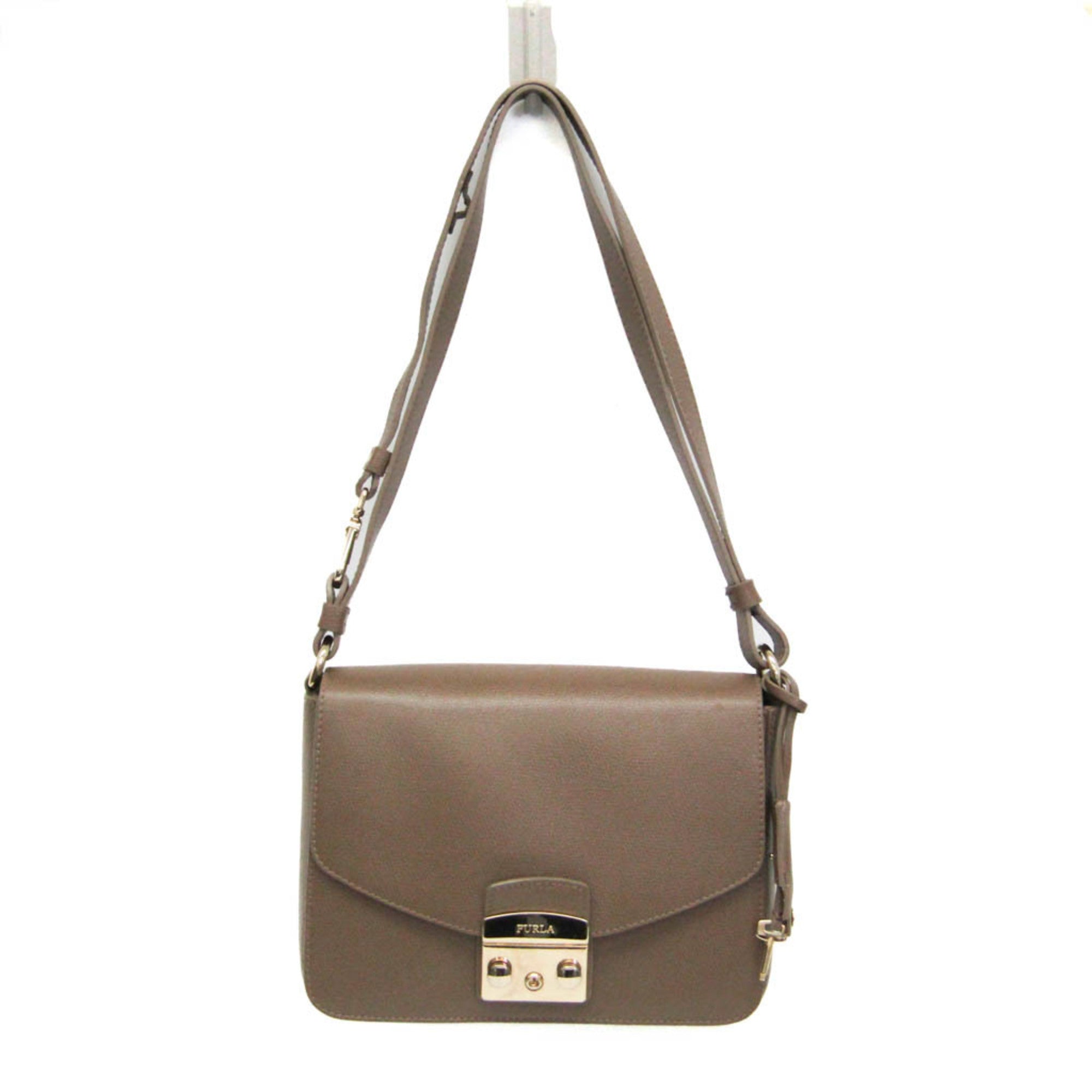 Furla Metropolis 00760475 Women's Leather Shoulder Bag Beige Brown