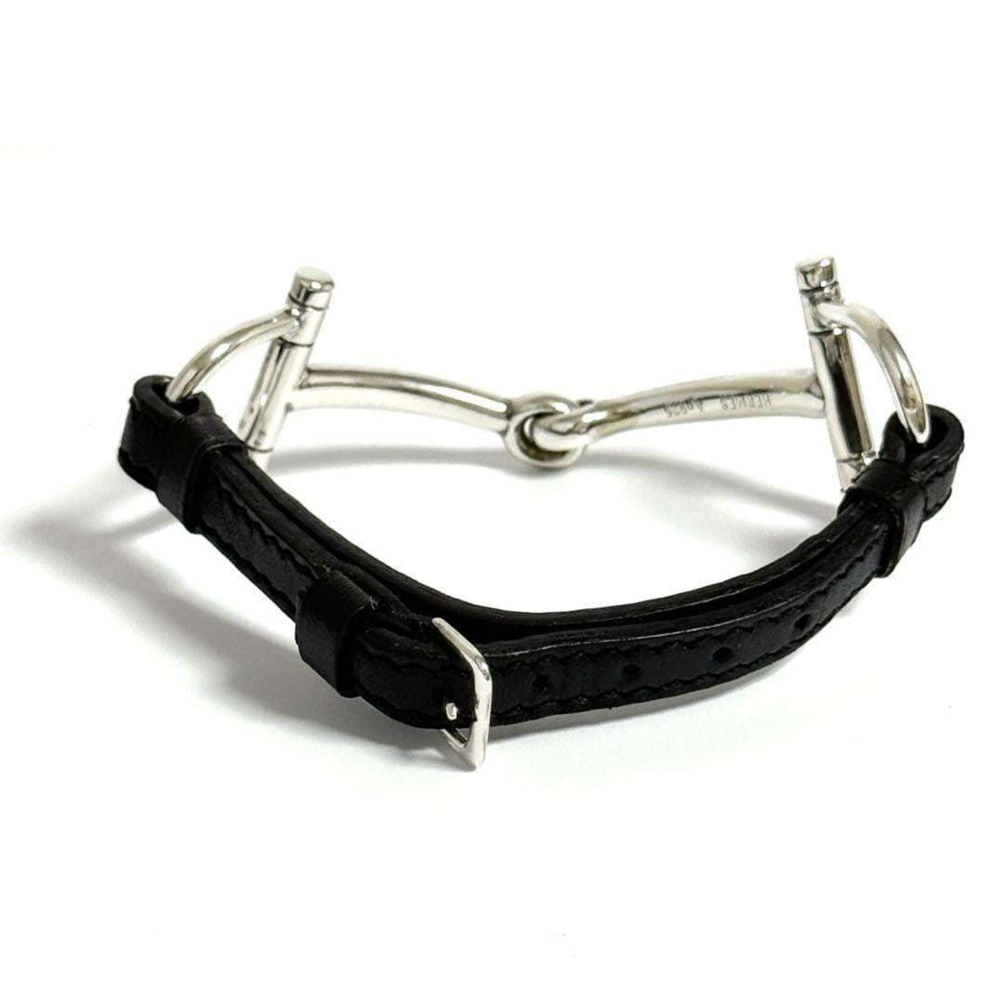 Hermes Horsebit Bracelet, Silver, Leather, Black, 16cm — Like New