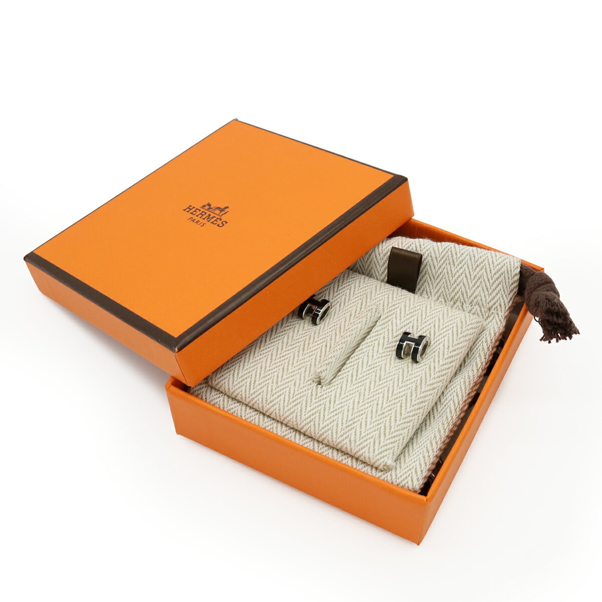 HERMES Mini Pop H Earrings, Metal, Lacquer, Black, Silver — Like New