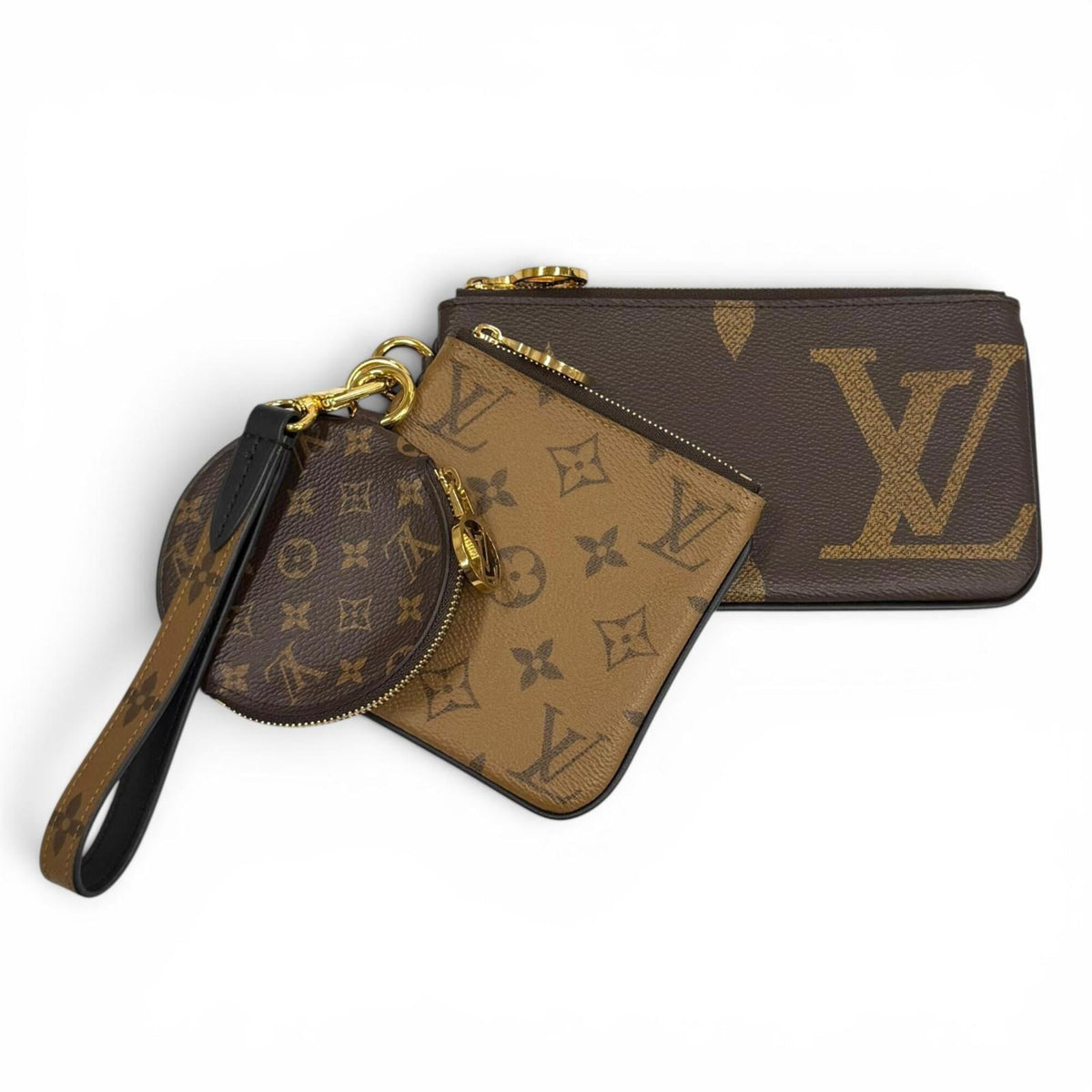 LOUIS VUITTON M68756 Monogram Giant Reverse Leather Pochette Trio Brown Made in France Women's with Dust Bag — Like New