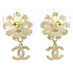 CHANEL A22K GP Coco Mark Flower Rhinestone Faux Pearl Swing Earrings (Pair) Gold Black Made in France Women's Stylish and Cute Recommended ◎ — Like New