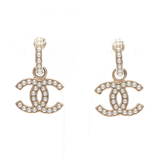 CHANEL Coco Mark Earrings, Gold Plated with Faux Pearls, Women's, and White