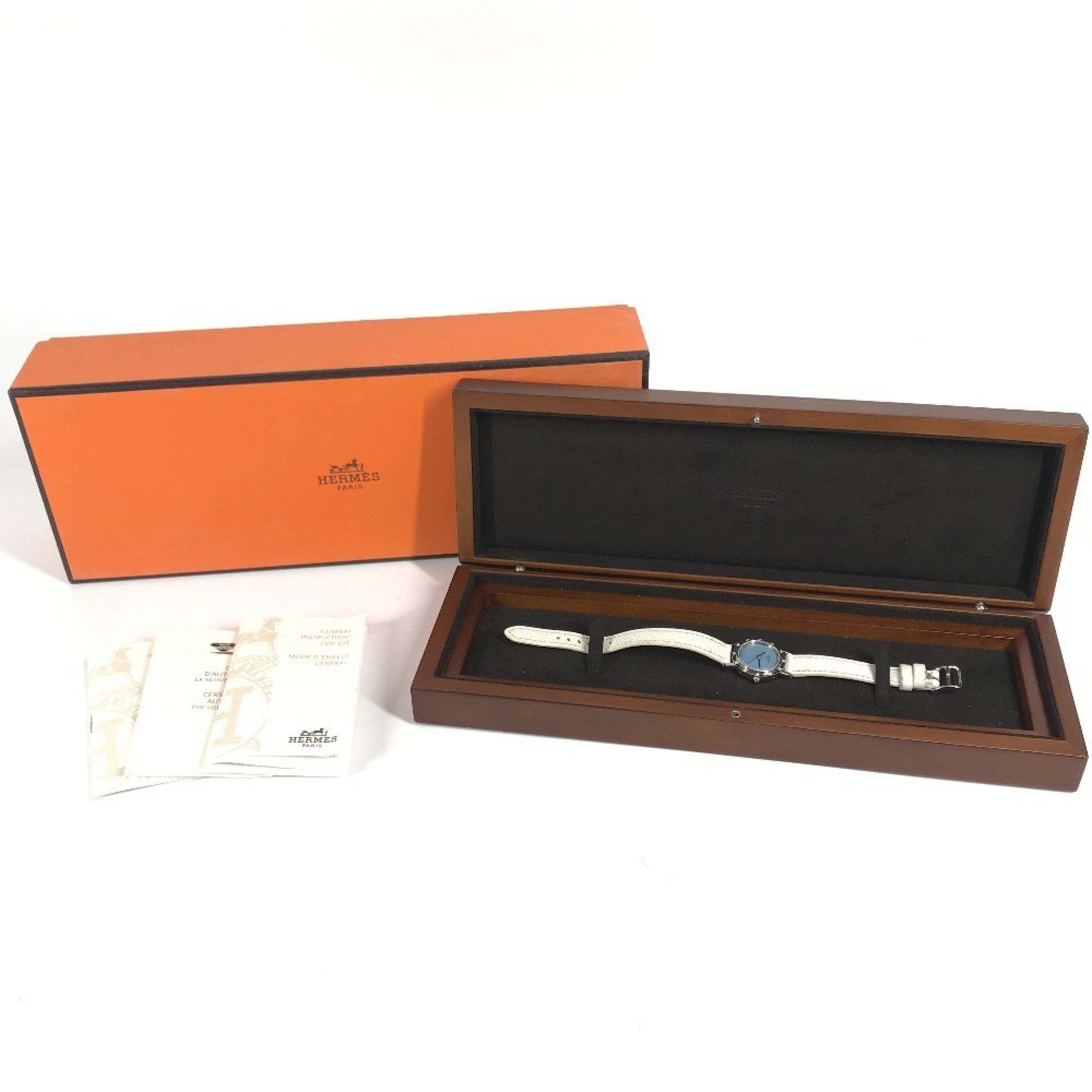 HERMES CL4.230 Clipper Nacle 12-Piece Diamond Women's Watch with Leather Strap, White Leather/Stainless Steel — Very Good