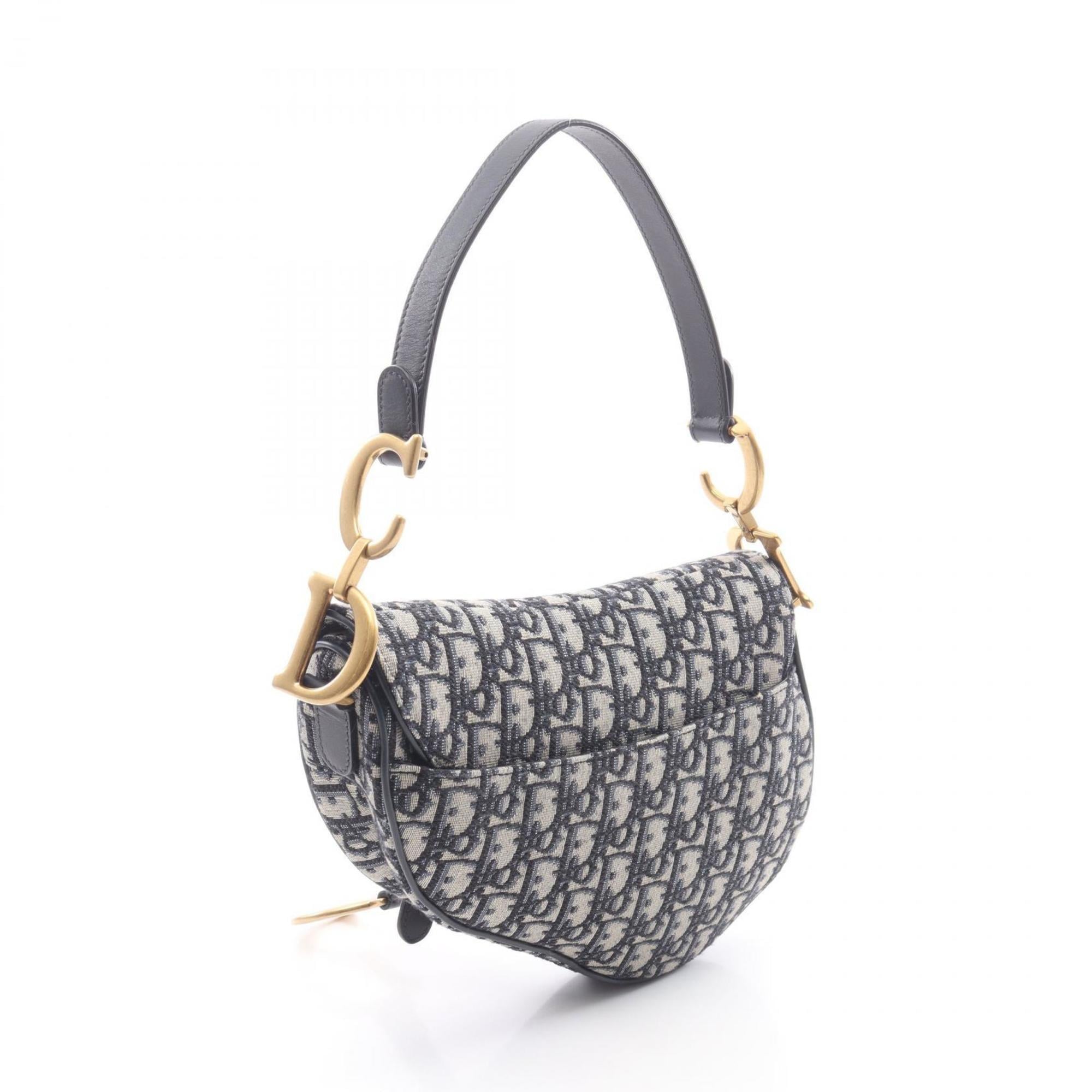 Christian Dior Dior Saddle Bag Oblique Handbag Canvas Leather Women's Ivory Navy
