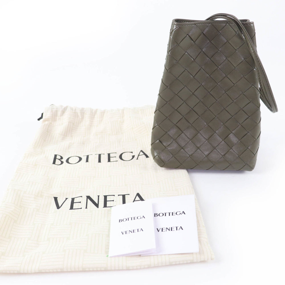 BOTTEGA VENETA Intrecciato Leather Shoulder Bag, Khaki, with Dust Made in Italy, Women's — Like New