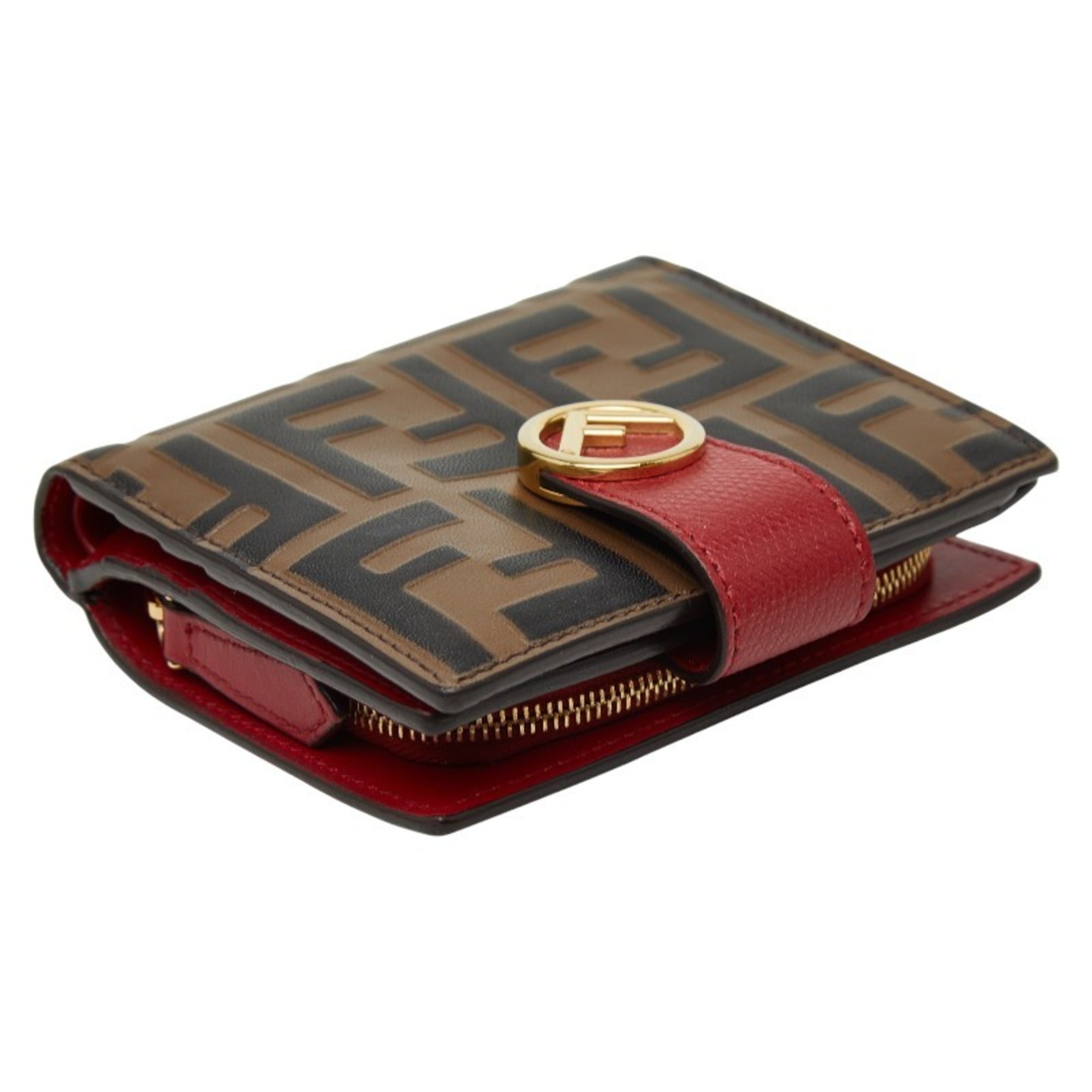 FENDI F is Zucca Bifold Wallet 8M0386 Brown and Red Leather Women's