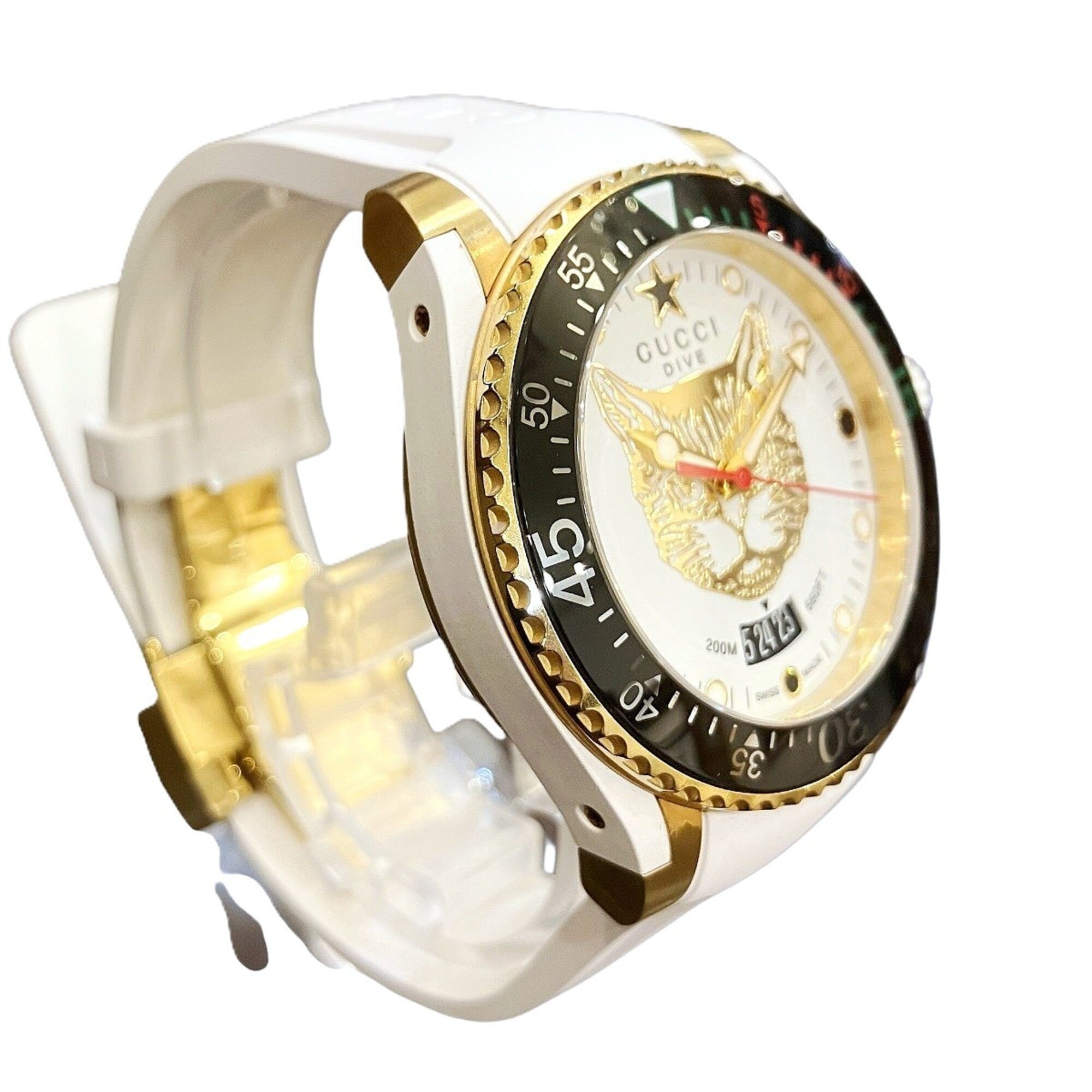 Gucci Dive Mystic Cat watch, total weight 108g, stainless steel, rubber strap, quartz movement, white and gold dial, 136.3 — Good