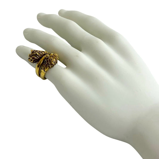 GUCCI Double Tiger Head Ring with Metal and Rhinestones, Men's, Size 12, Gold, 78052