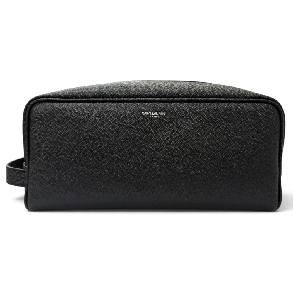 Yves Saint Laurent SAINT LAURENT PARIS 609347 Grain Calf Leather Travel Pouch Clutch Bag with Logo, Black, Made in Italy, Men's, Dust — Like New
