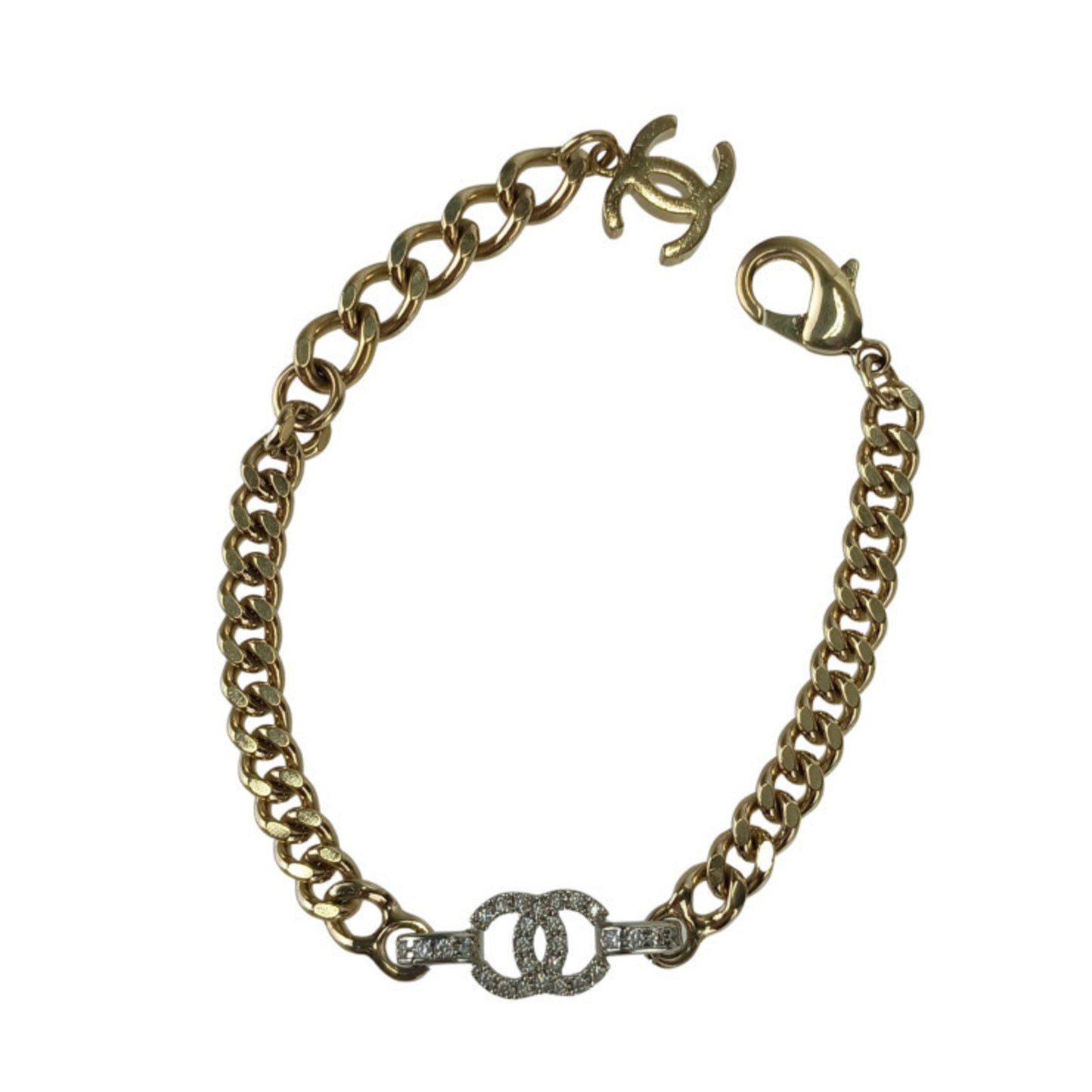CHANEL Coco Mark Wristwear Chain Bracelet in Gold and Silver Metal with Rhinestones, Women's, B22, Size S