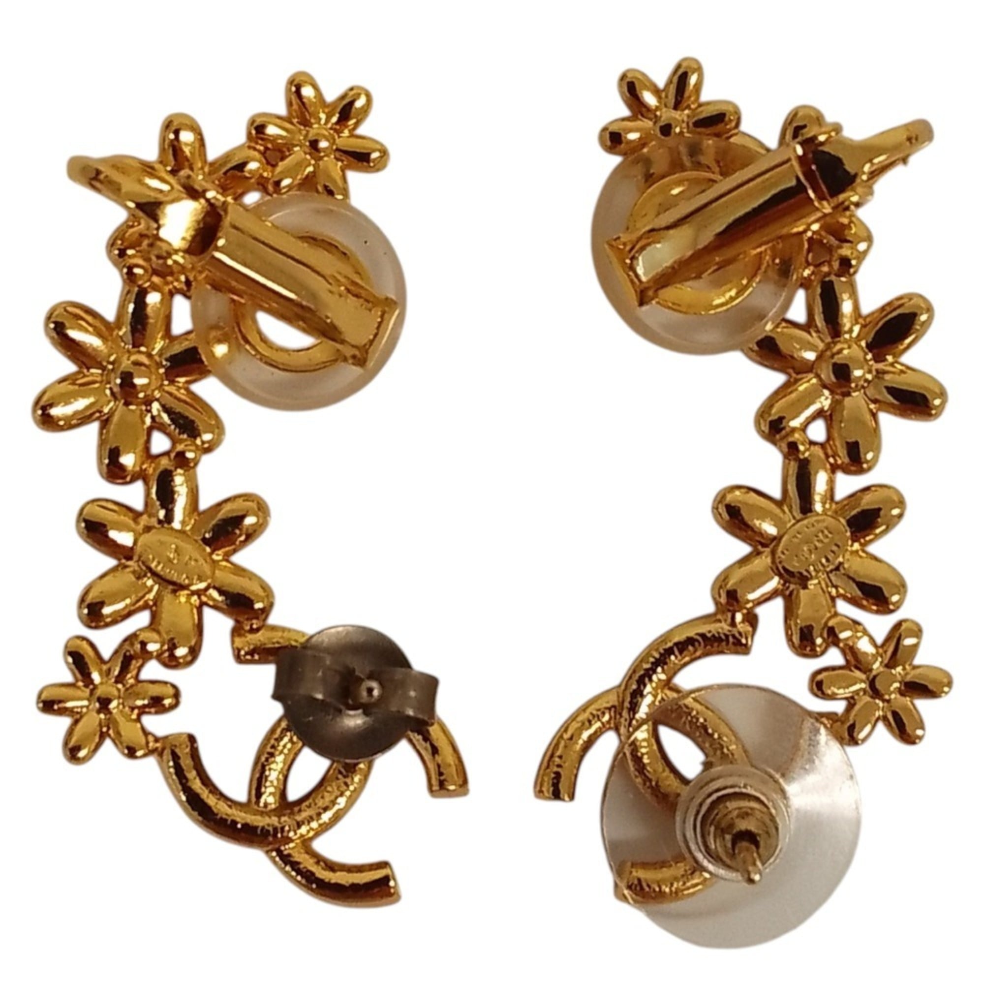 CHANEL I23A Coco Mark Flower Motif Earrings, Gold Color, Women's — Like New