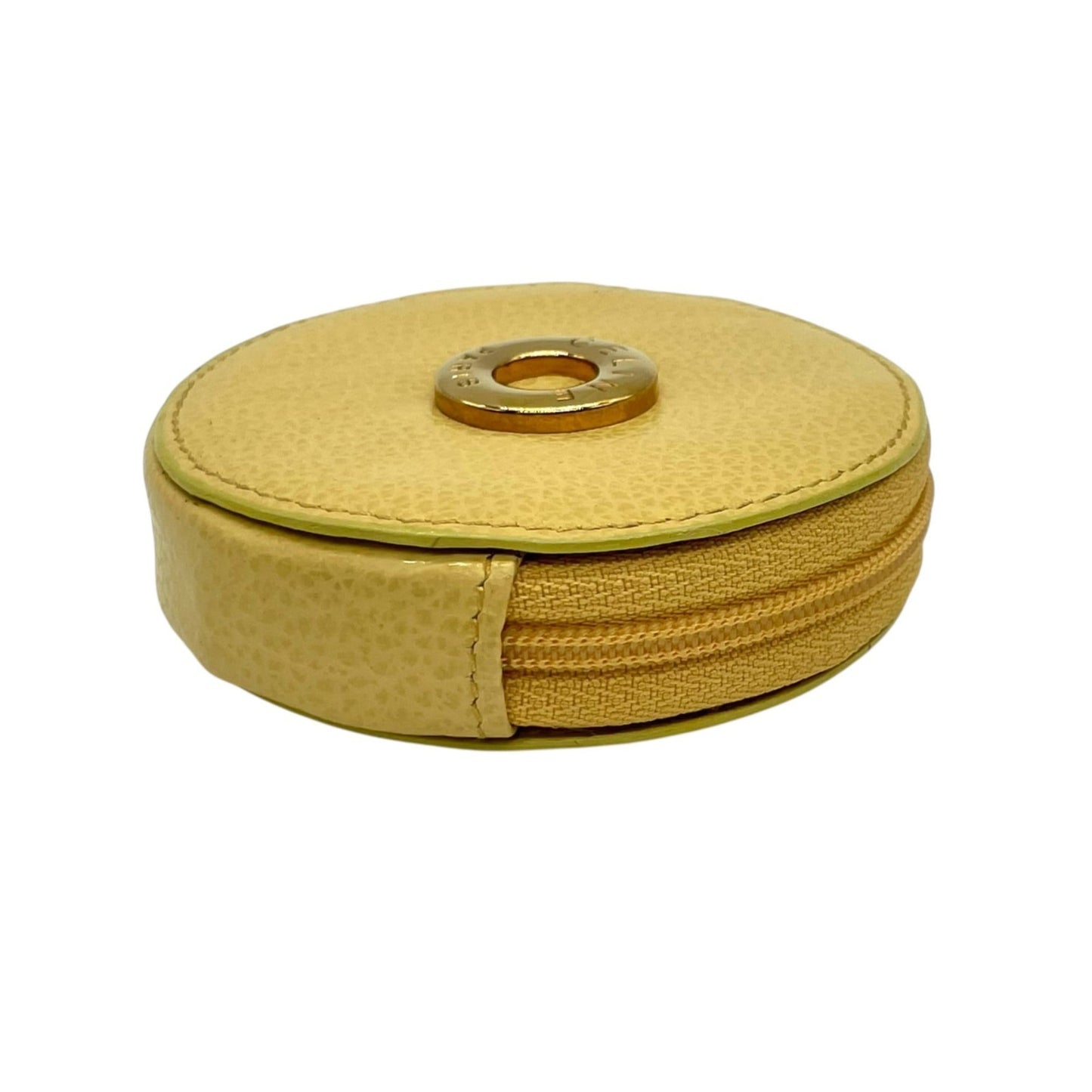 Celine Round Circle Logo Wallet/Coin Case, Beige, Gold Hardware, Yellow Leather, M3