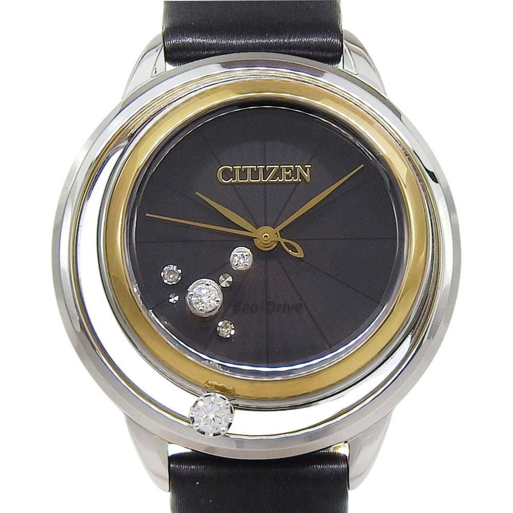 Citizen B036 S112052 Women's Watch, Black Dial, 3 Hands, 5 Diamonds, Stainless Steel, Leather Strap, Eco-Drive, Approx. 32mm — Very Good