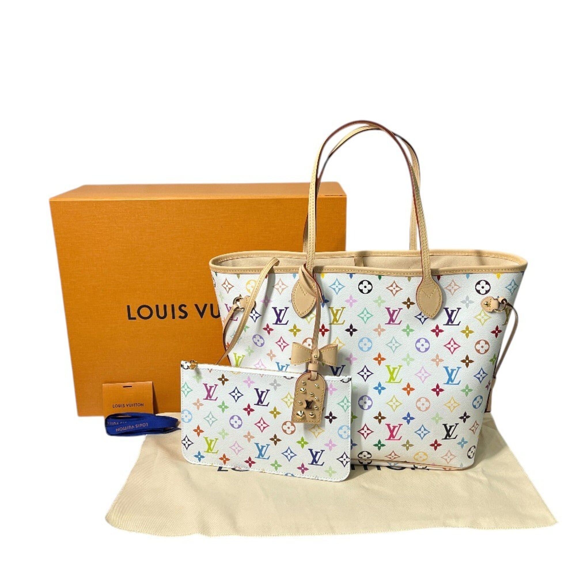LOUIS VUITTON M27787 LV × TM Takashi Murakami Collaboration Neverfull MM Handbag with Pouch, Tote Bag, Monogram Multicolor Canvas, Women's, Blanc White — New