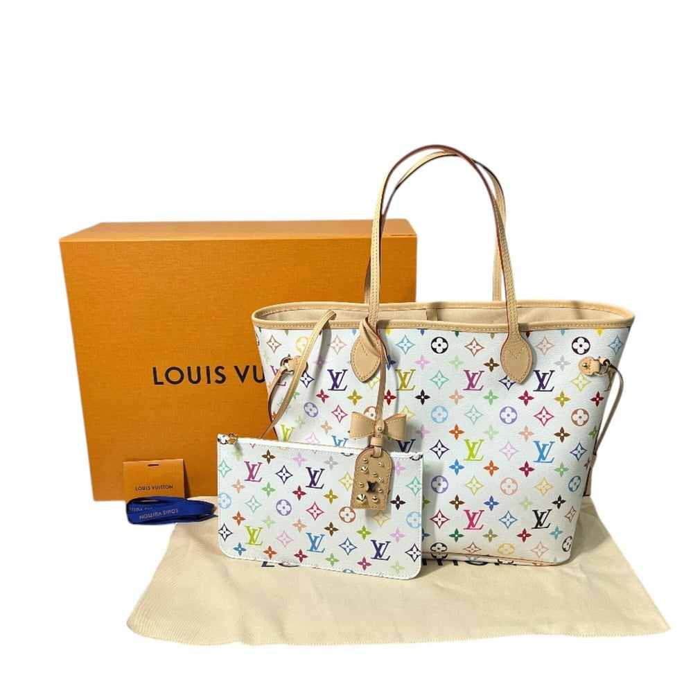 LOUIS VUITTON M27787 LV × TM Takashi Murakami Collaboration Neverfull MM Handbag with Pouch, Tote Bag, Monogram Multicolor Canvas, Women's, Blanc White — New