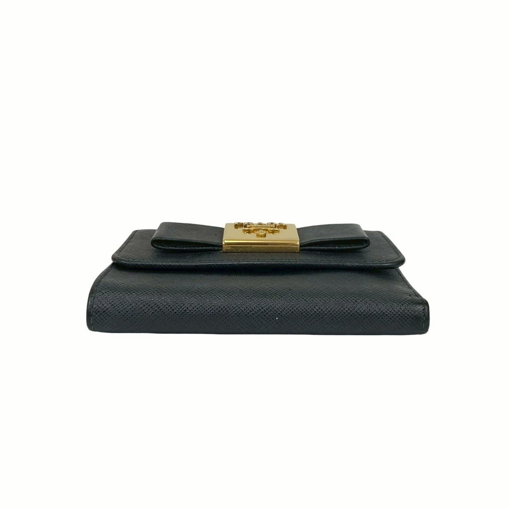 PRADA Prada Logo Ribbon Motif Saffiano Leather Tri-Fold Wallet Black 22218