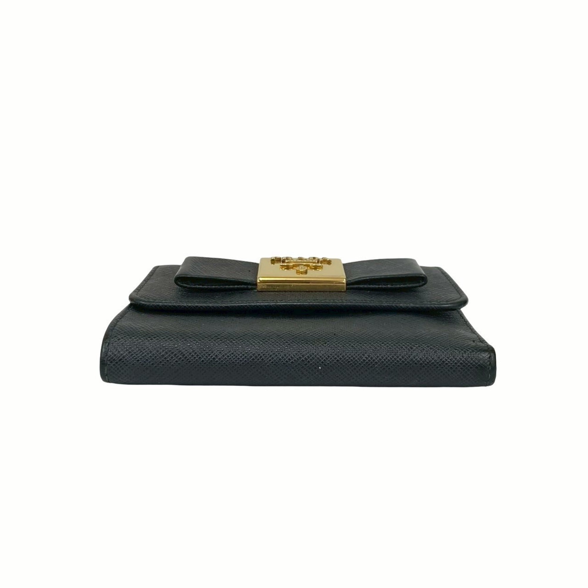 PRADA Prada Logo Ribbon Motif Saffiano Leather Tri-Fold Wallet Black 22218