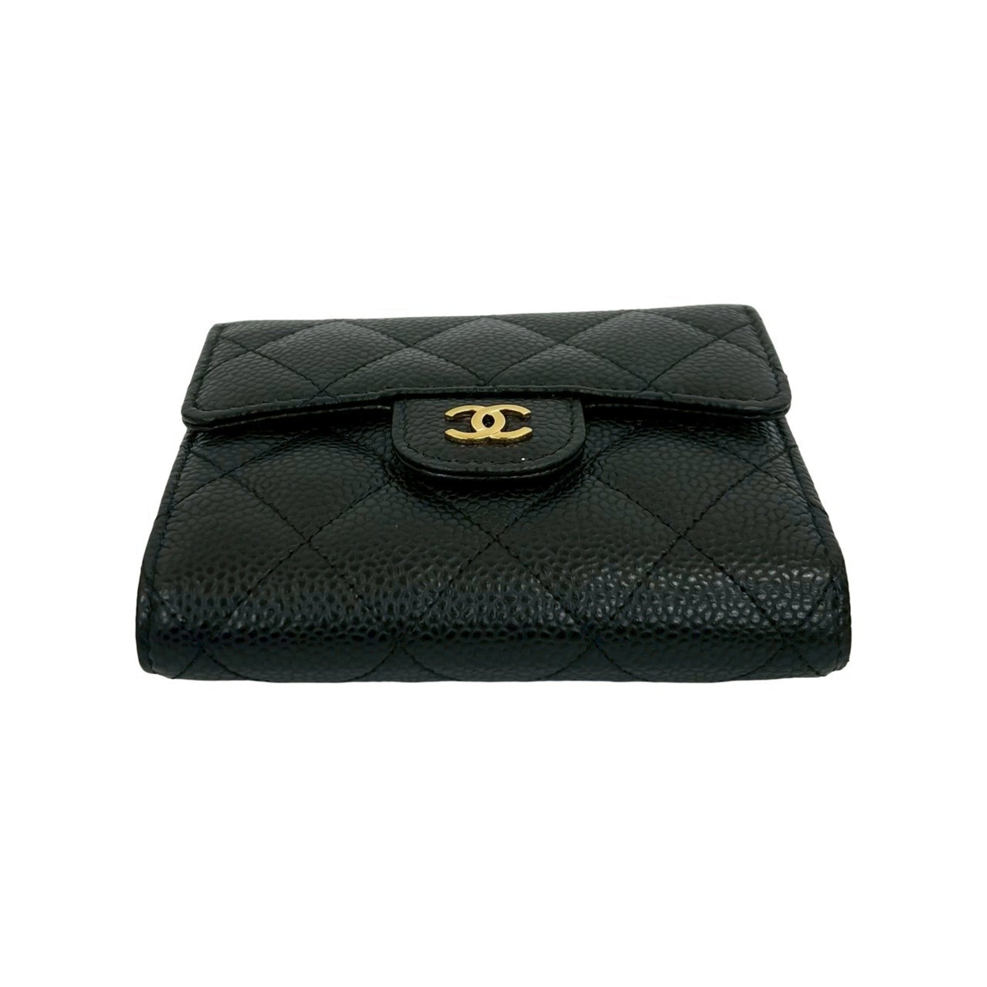CHANEL Matelasse Coco Mark Caviar Leather Tri-fold Wallet, Black, 64570