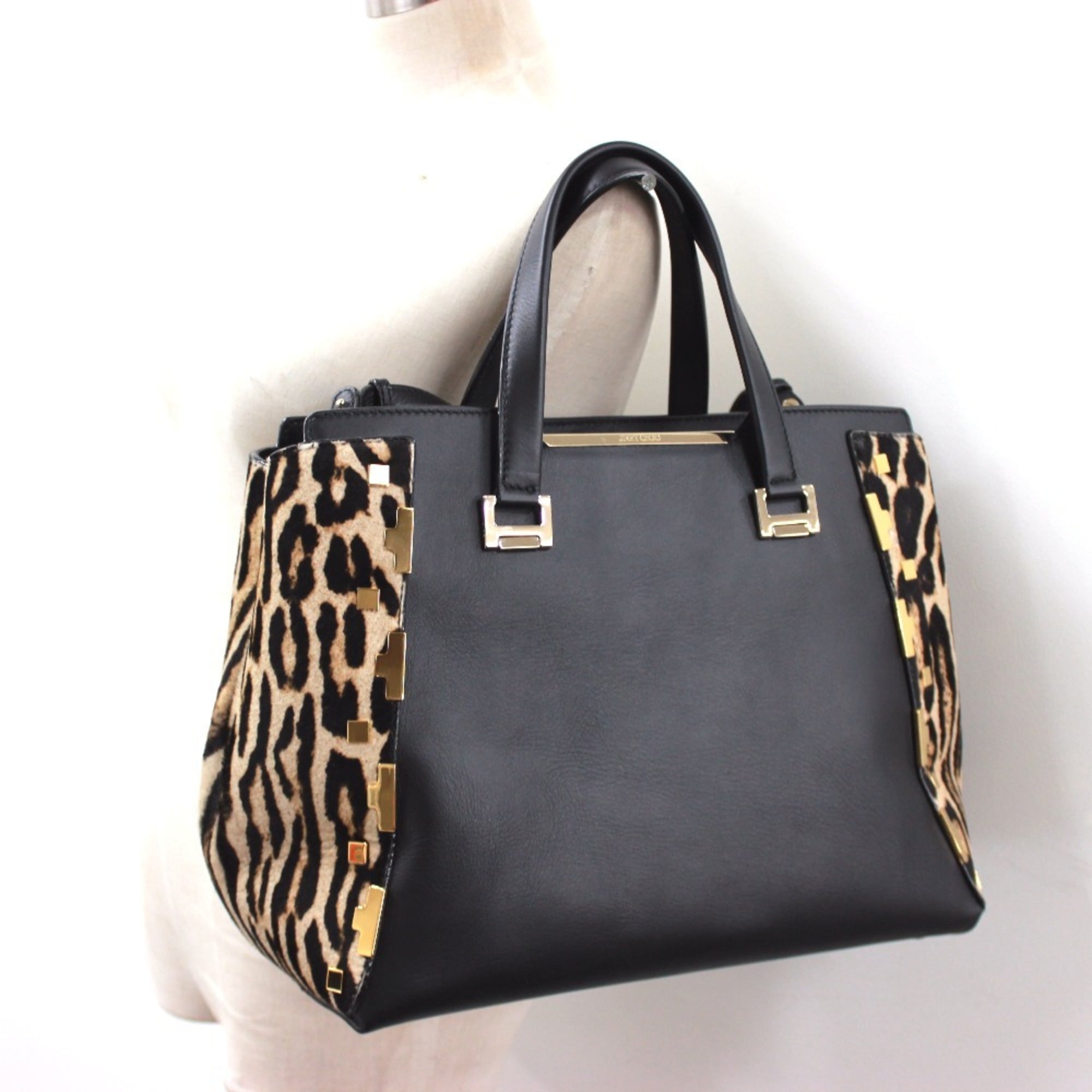 JIMMY CHOO Leopard handbag shoulder bag leather pony for women black — Like New