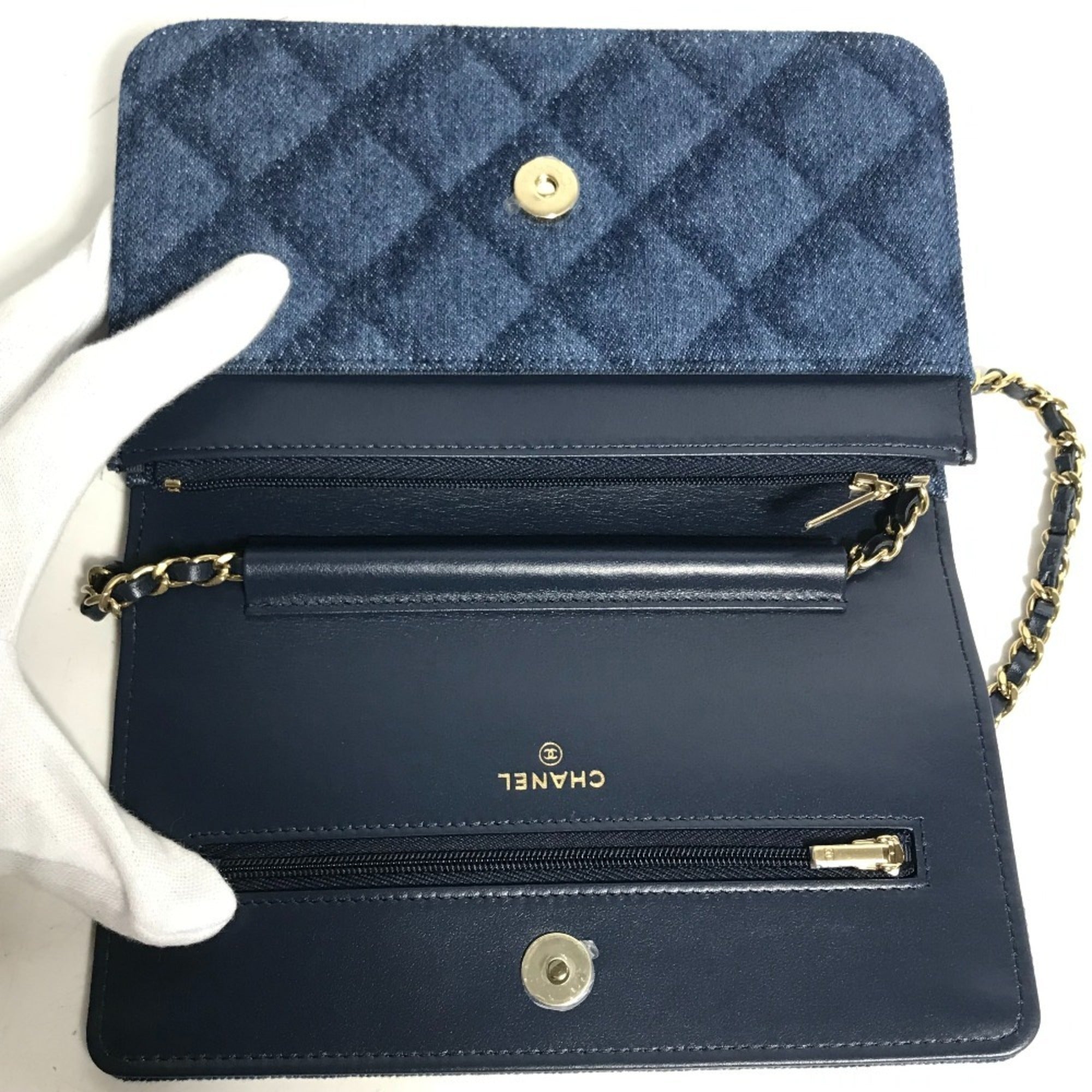 CHANEL AP0250 Long Wallet Chain Bag Matelasse Shoulder Denim Women's Blue — New - Store Return