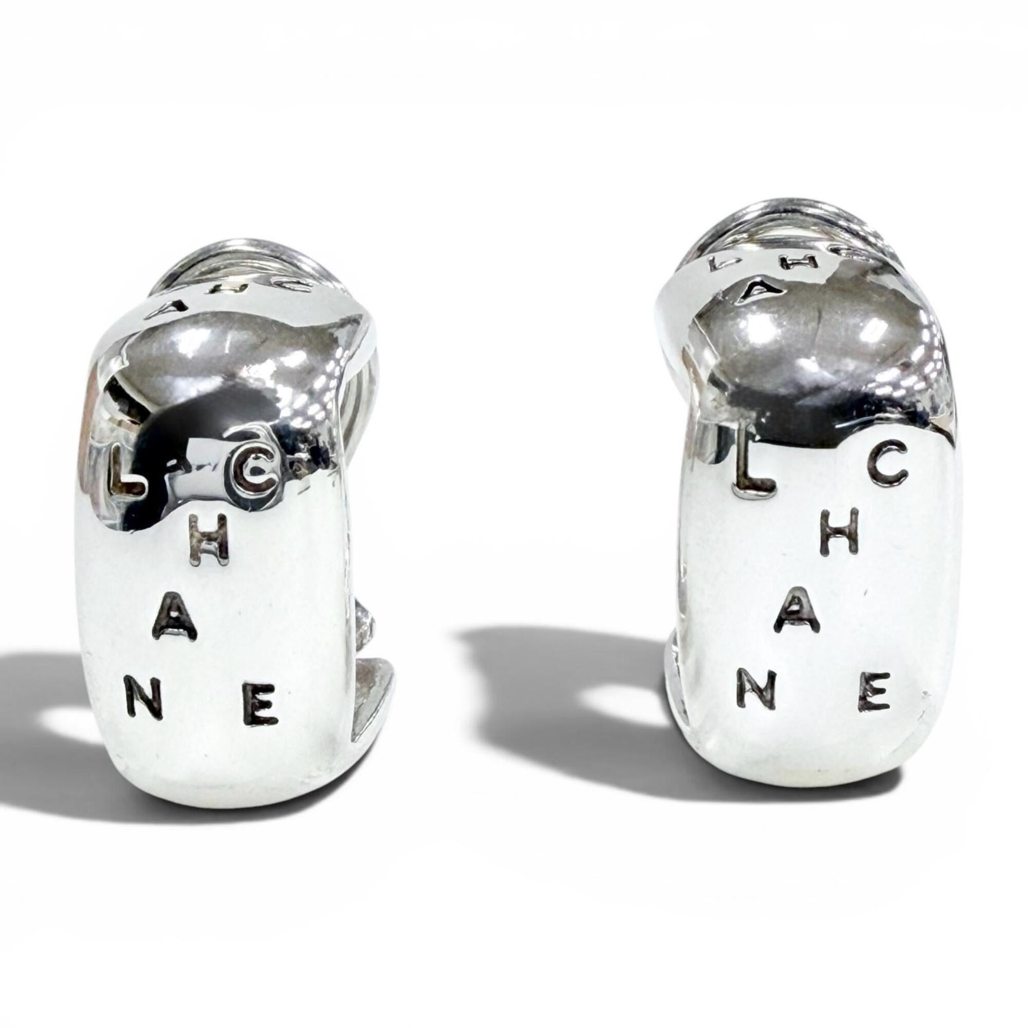 CHANEL Vintage 925 Sterling Silver Clip-On Earrings (for both ears), Logo Engraved, Weight 12.7g, Women's — Like New