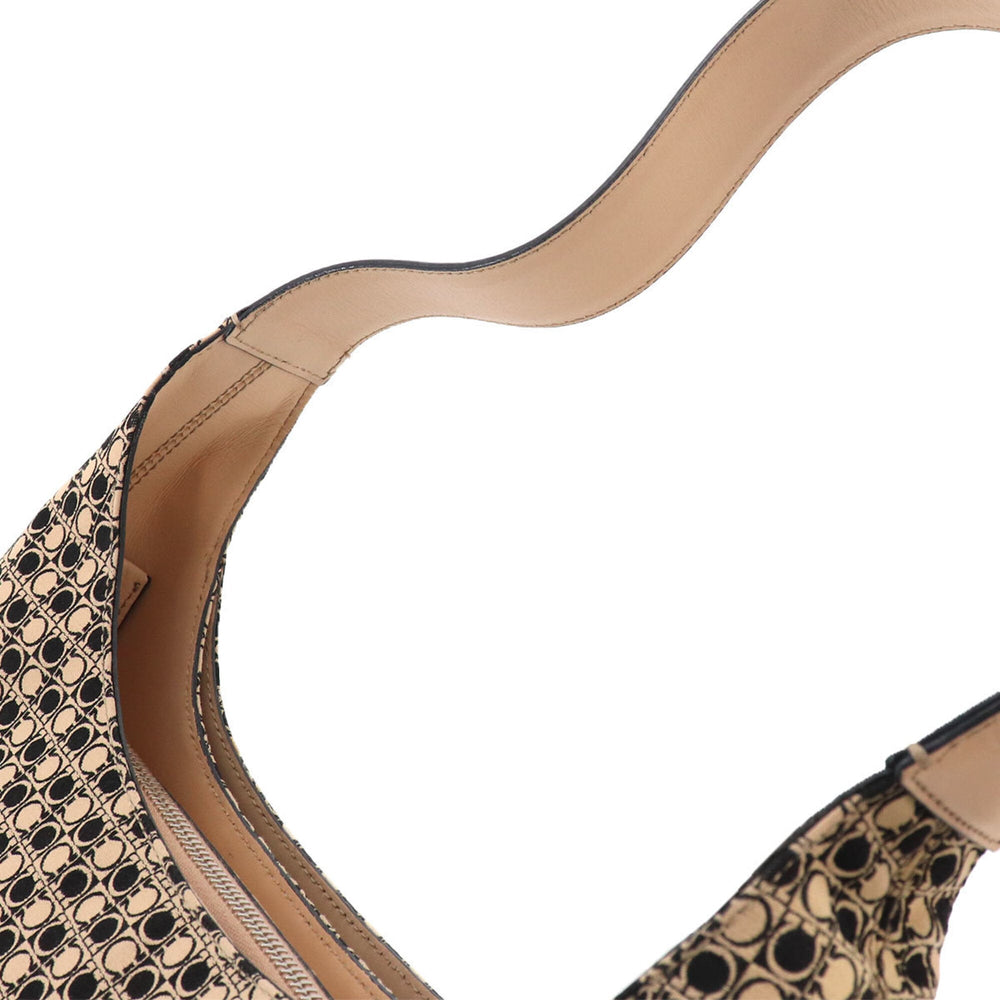 Salvatore Ferragamo Gancini Shoulder Handbag, Canvas and Leather, Beige Black, AQ-21 0201 Bag — Like New
