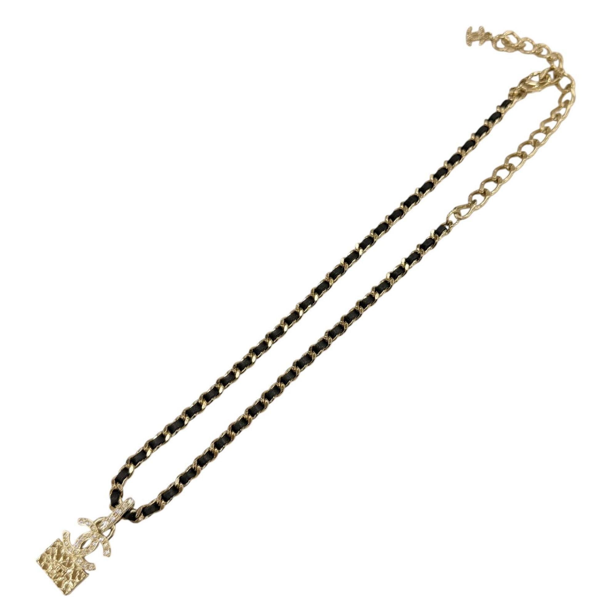 CHANEL A23B ABB548 Rhinestone Coco Mark Matelassé Bag Motif Chain Necklace, Gold & Black, Made in France, Women's — Like New