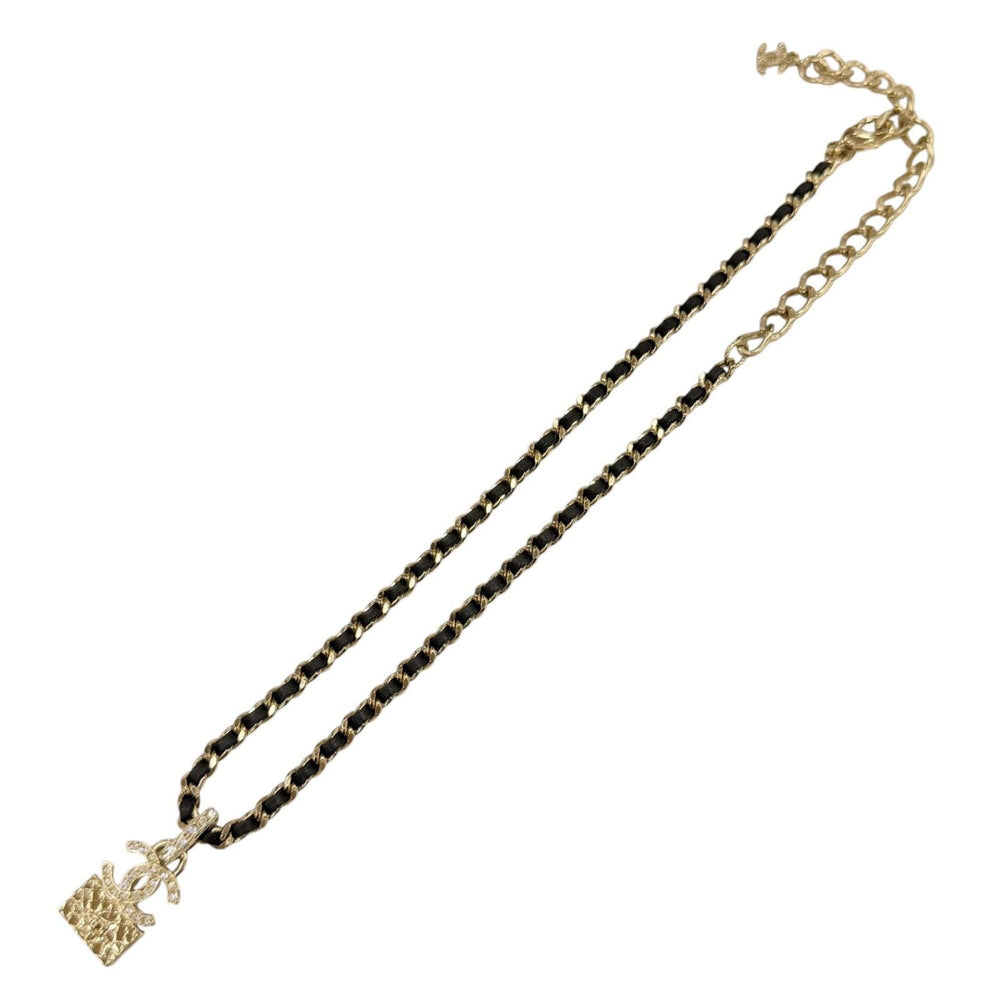 CHANEL A23B ABB548 Rhinestone Coco Mark Matelassé Bag Motif Chain Necklace, Gold & Black, Made in France, Women's — Like New