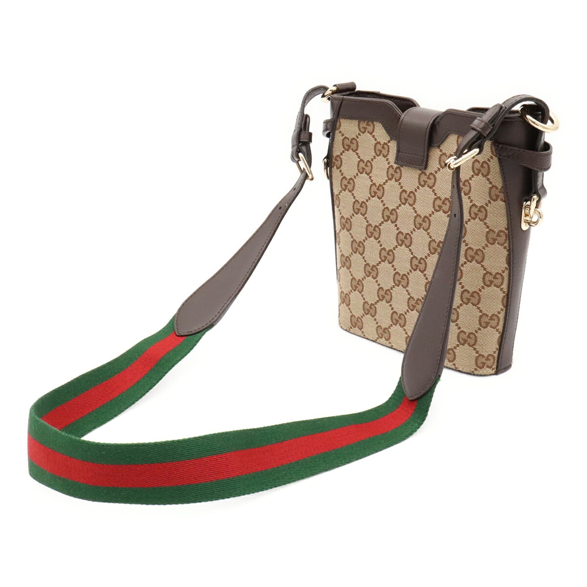 GUCCI GG Canvas Mini Bucket Bag Shoulder Leather Beige Dark Brown Green Red 782919 — Like New