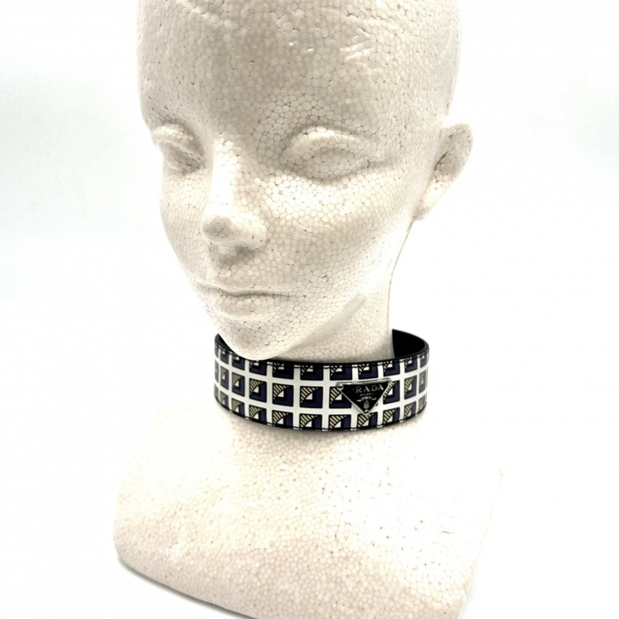 Prada choker for women, triangle logo accessory, PRADA leather, 2IC046, black, white, silver hardware — Like New