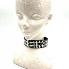 Prada choker for women, triangle logo accessory, PRADA leather, 2IC046, black, white, silver hardware — Like New