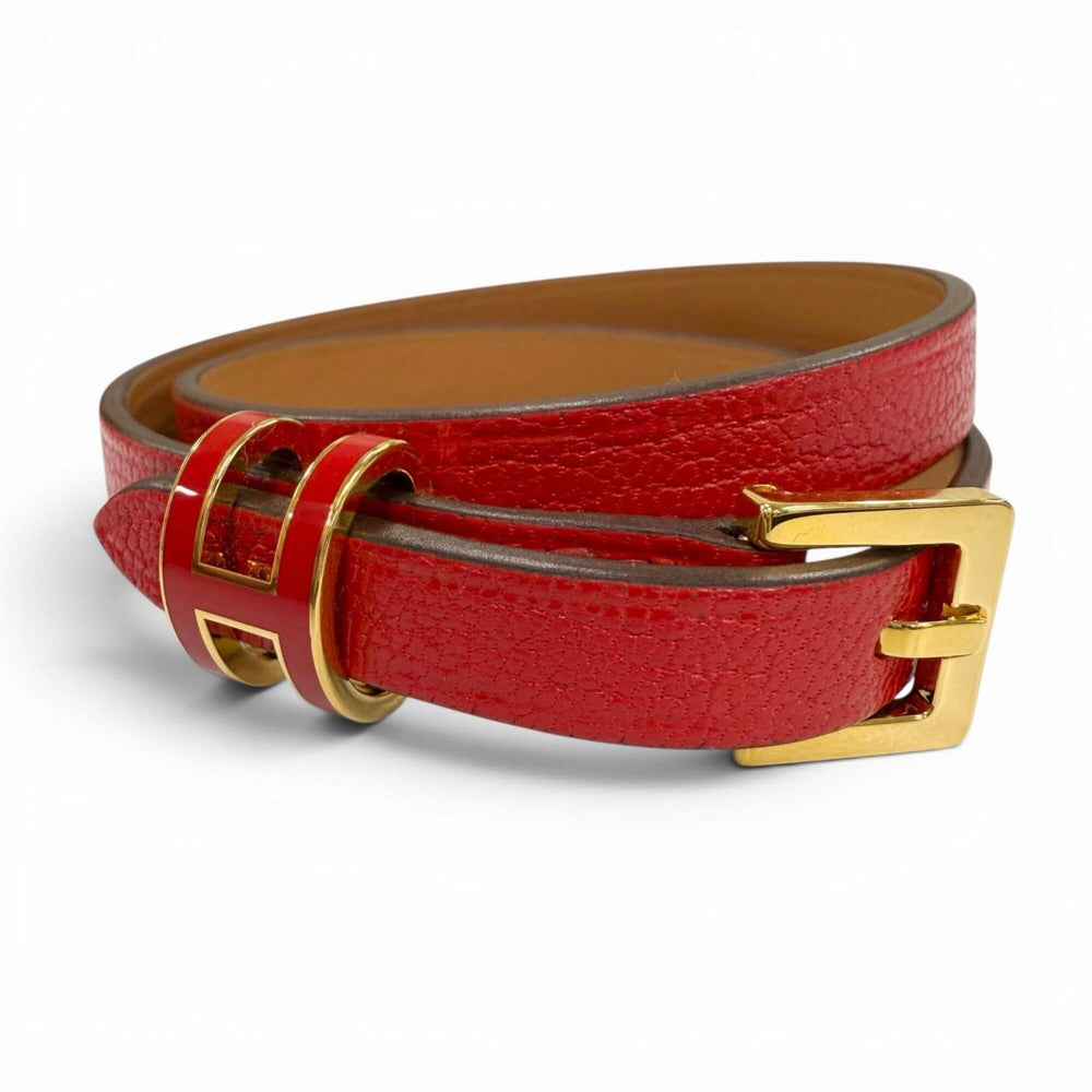 HERMES Pop H Double Tour Leather Bracelet with Golden Yellow Hardware, Red, T2 K Stamp, Made in France, Women's, Box and Dust Bag — Like New