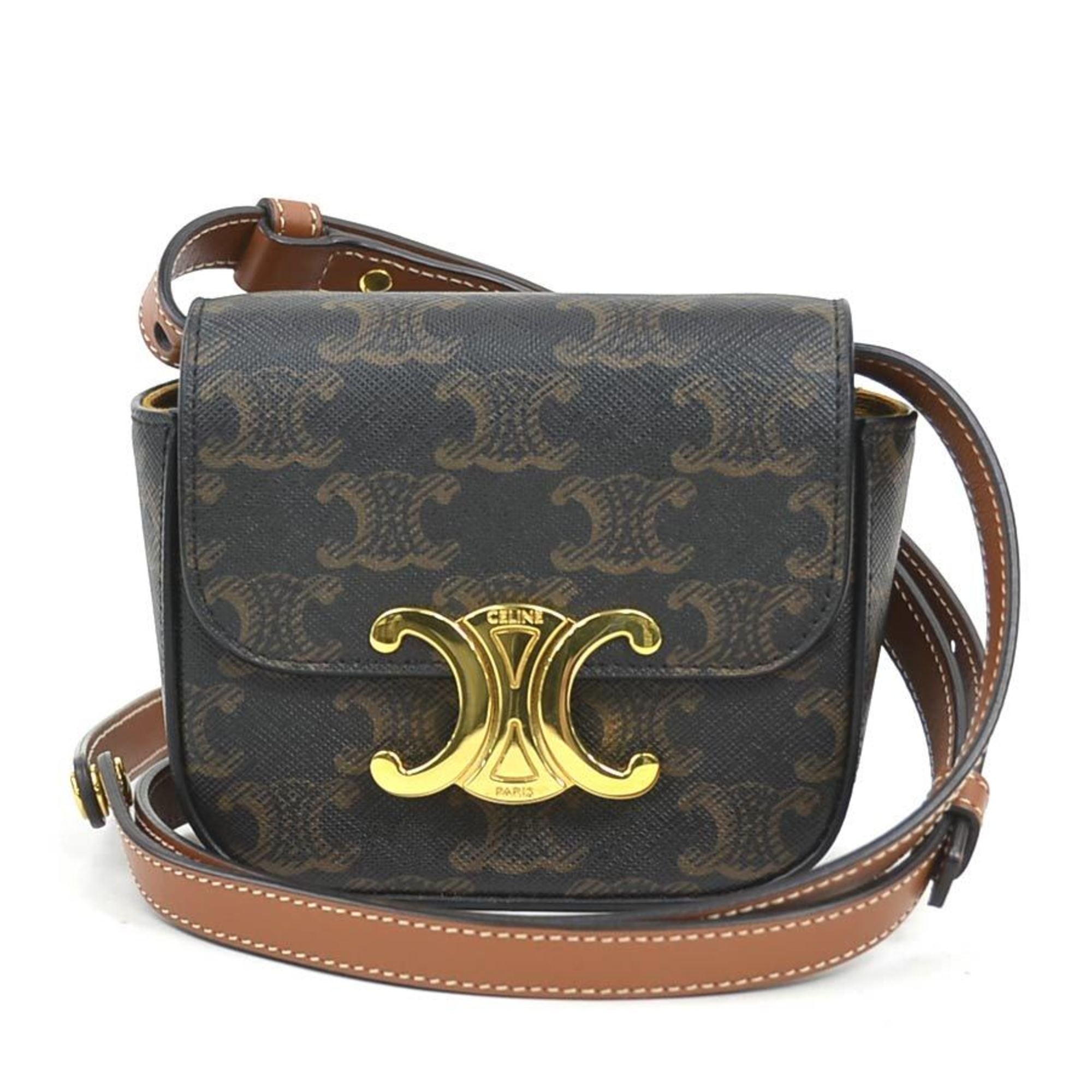 Celine Triomphe Mini Claude Shoulder Bag in Brown PVC-Coated Canvas, Women's, 90218a