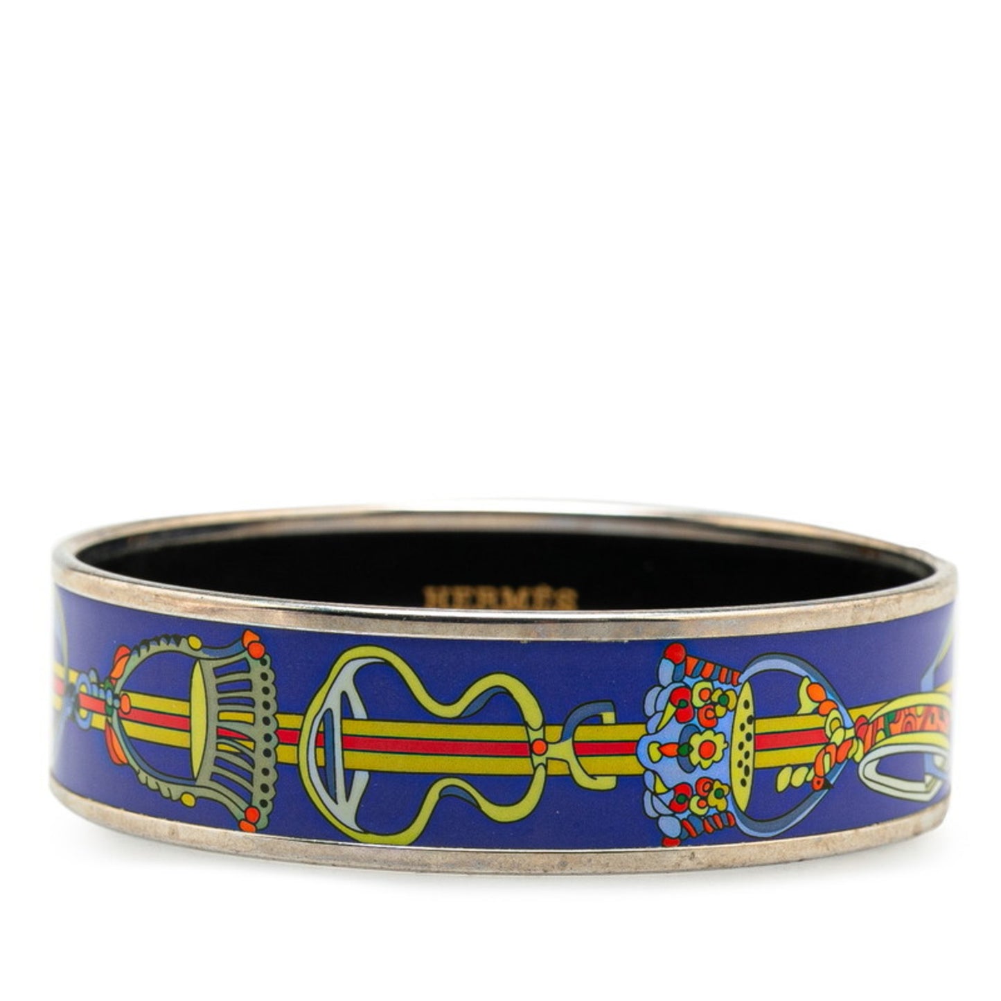 Hermes enamel GM cloisonné bangle in silver, blue, and multicolored metal for women.