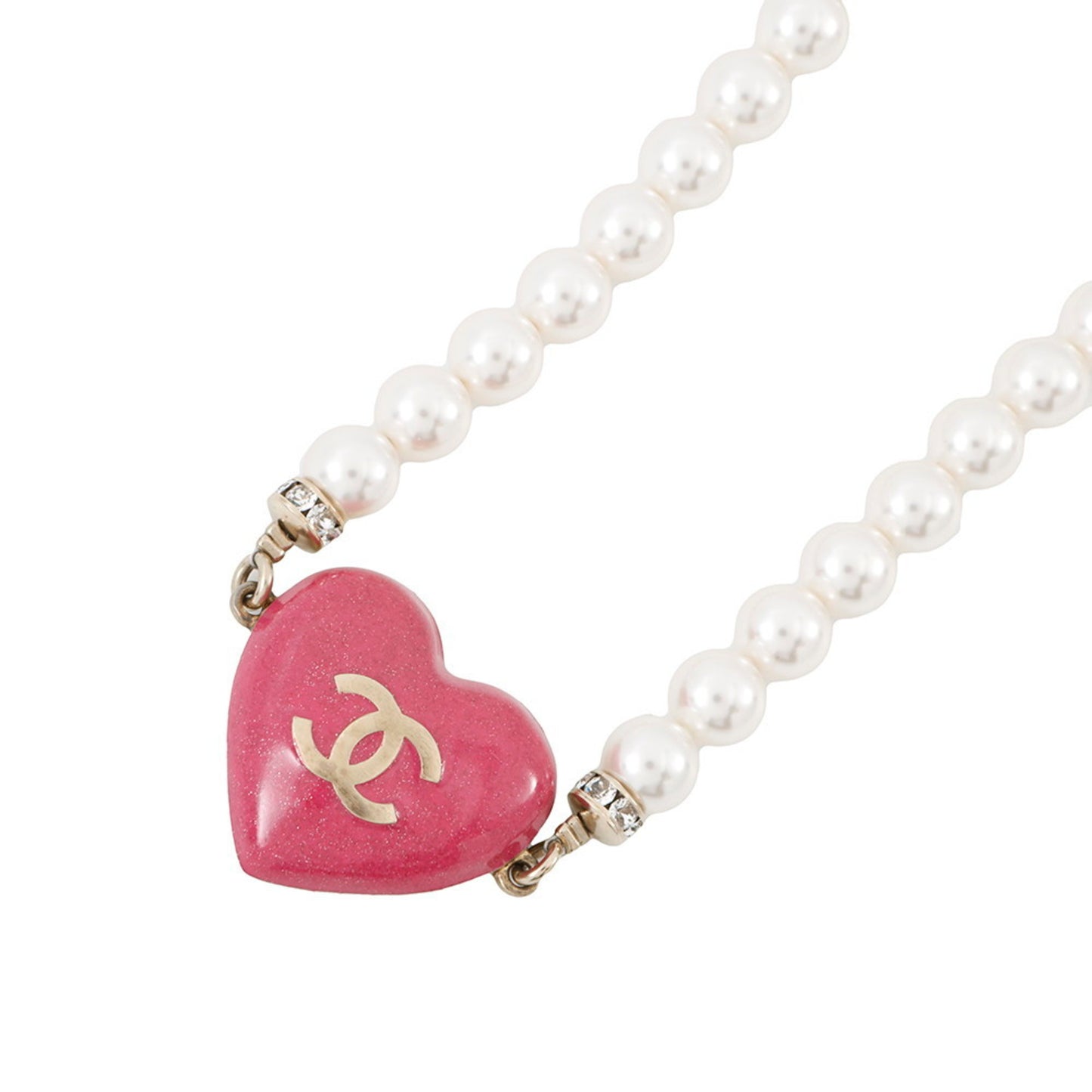 Chanel Coco Mark Heart Motif Rhinestone Faux Pearl Necklace C23P CHANEL