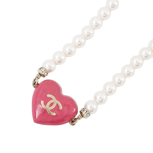Chanel Coco Mark Heart Motif Rhinestone Faux Pearl Necklace C23P CHANEL