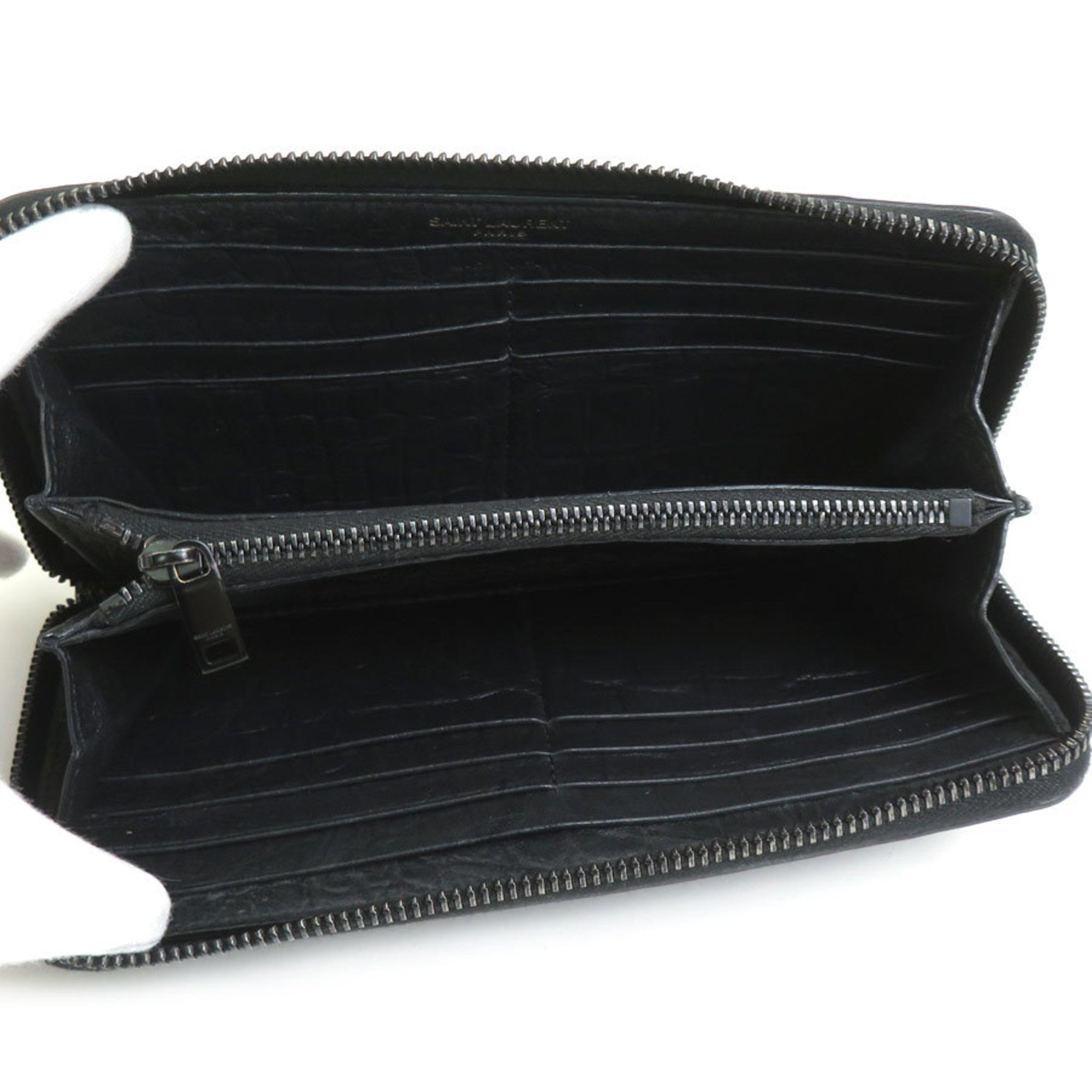 Saint Laurent SAINT LAURENT Round Long Wallet Embossed Leather Black Men's Women's r10463a