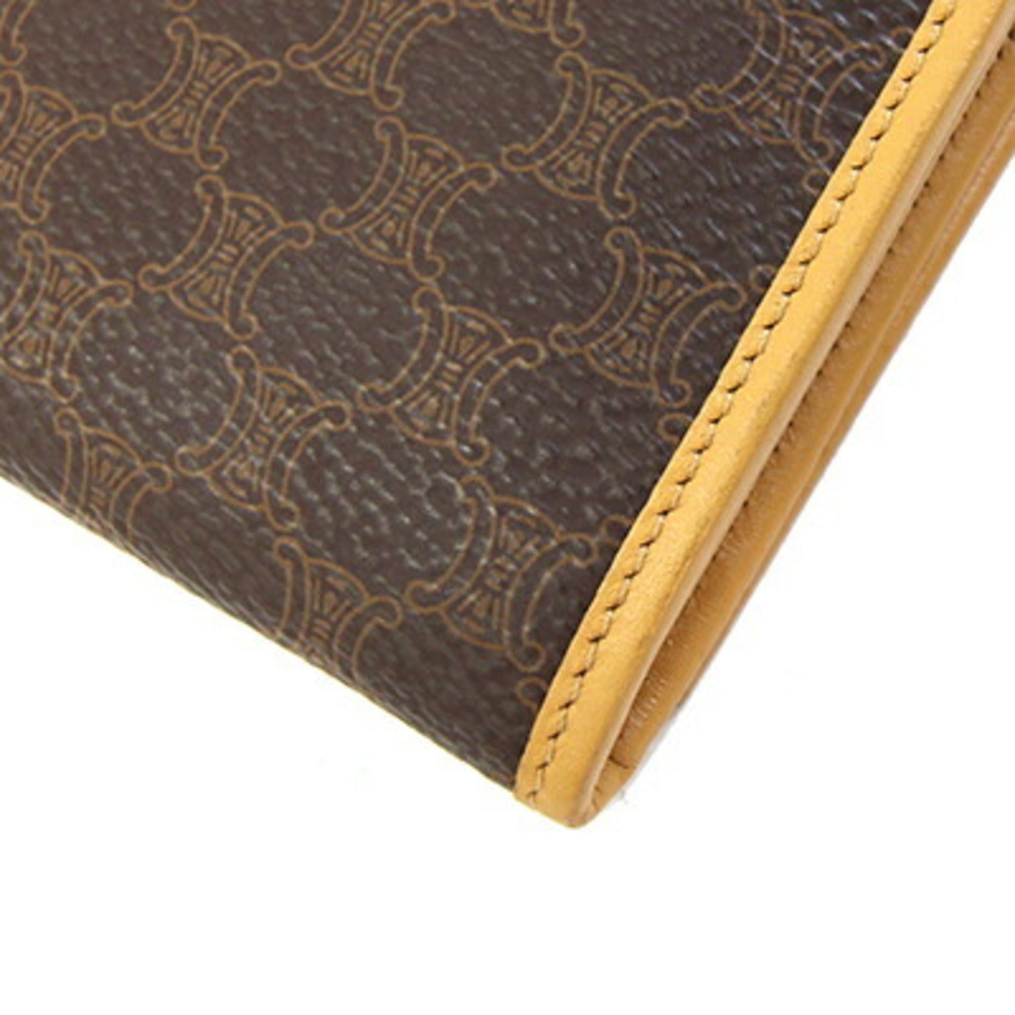 Celine bifold long wallet in macadam, dark brown, beige, PVC, and leather. Women's.