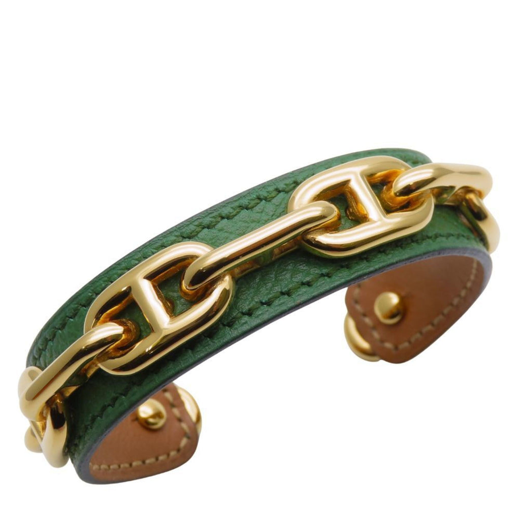Hermes Chaine d'Ancre Bangle, Leather and Metal, Green Gold Plated, GP, Women's, HERMES