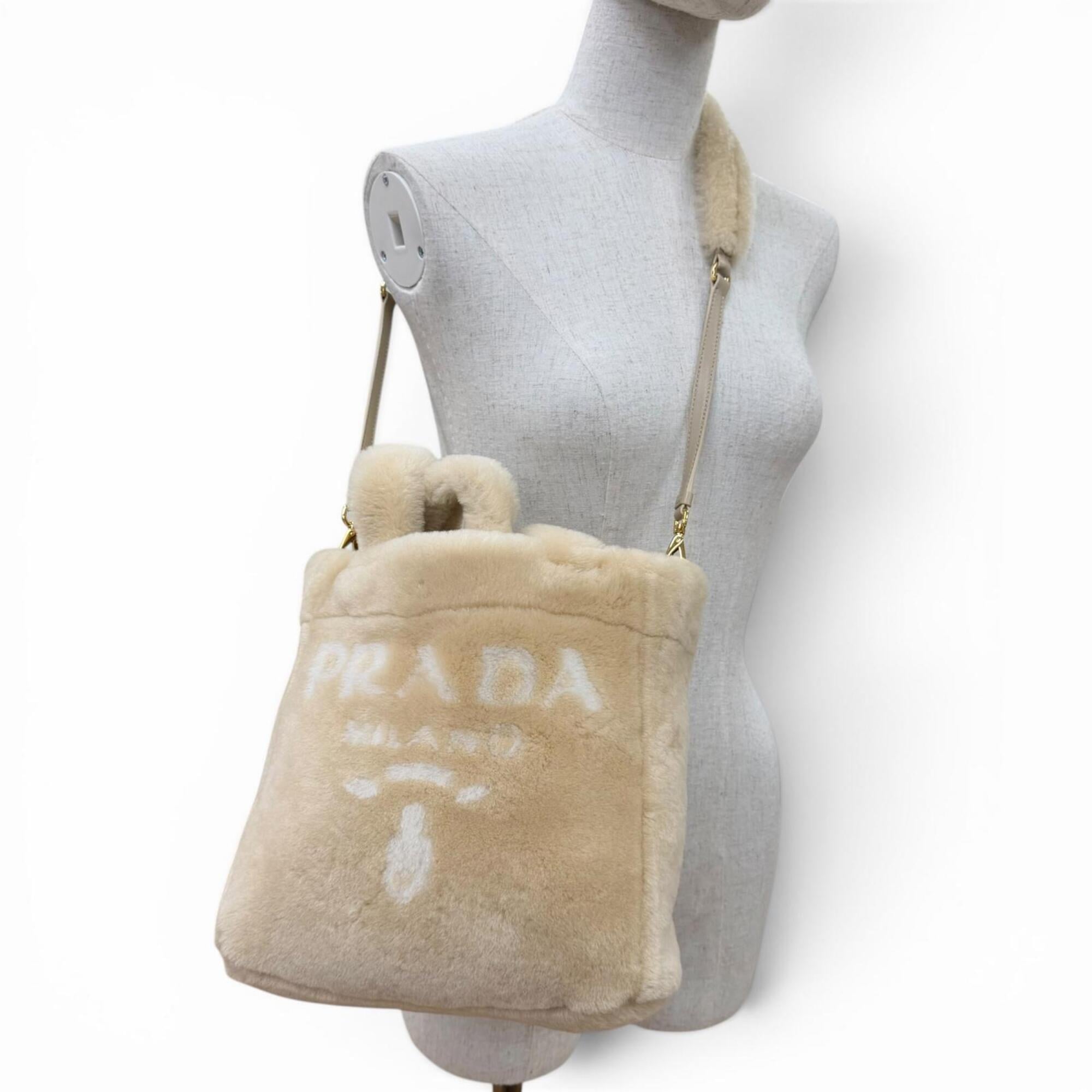 PRADA 1BG447 Terry Shearling Tote Sheepskin Triangle Logo Pouch Included 2-Way Shoulder Bag Beige Made in Italy Women's — Like New