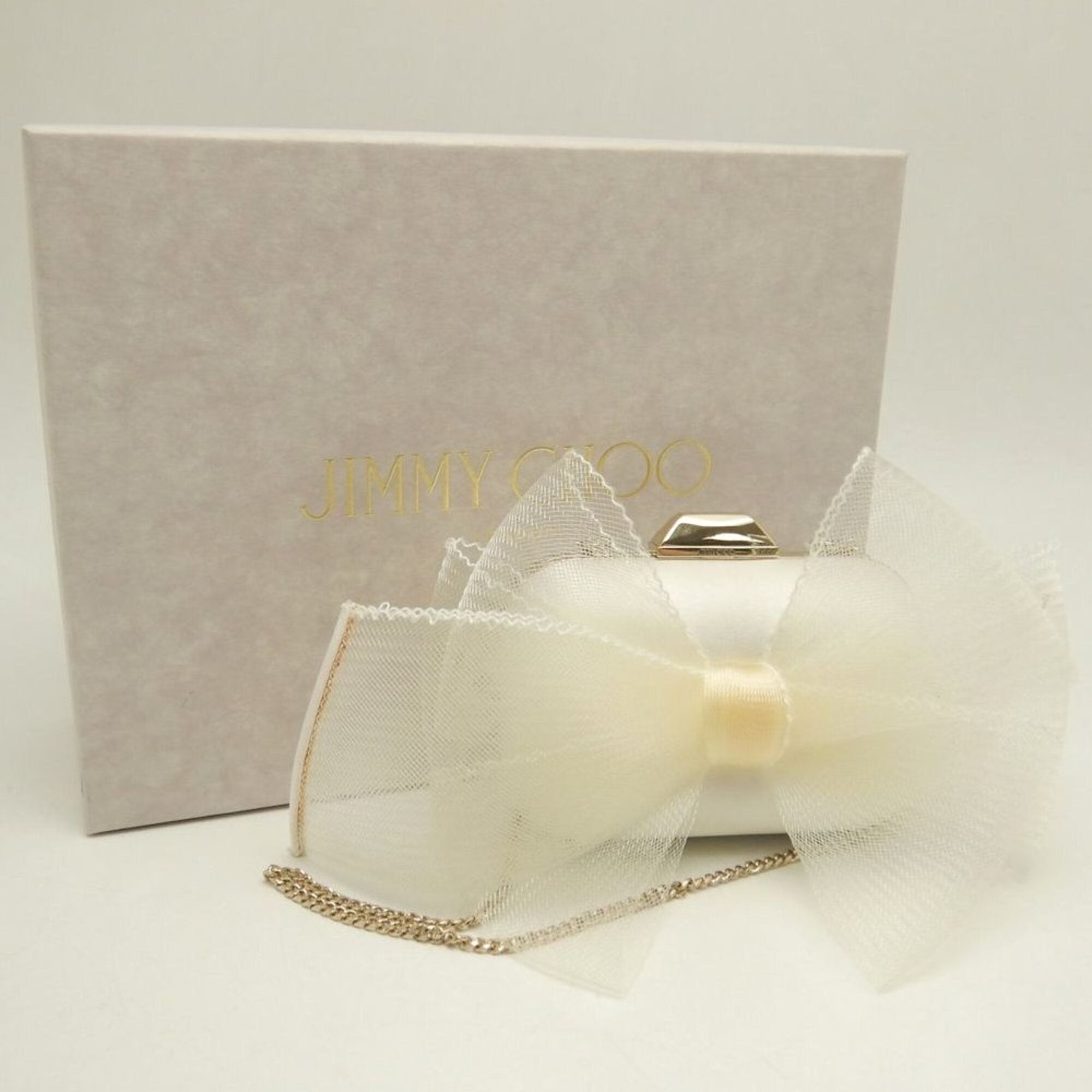 JIMMY CHOO Microcloud Clutch Bag, Chain Clutch, Satin, Off-White, Women's, 253759 — Like New