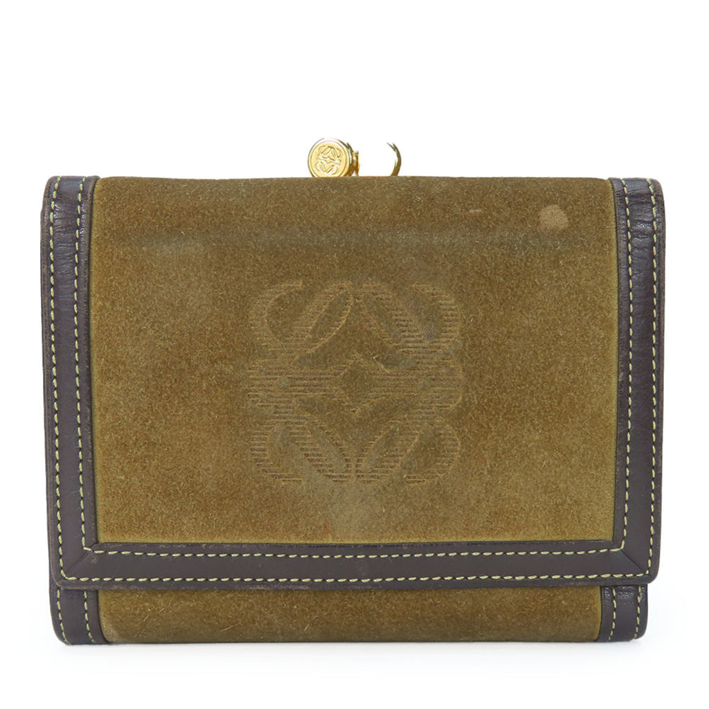 LOEWE Tri-fold Wallet Suede Leather Khaki Brown Anagram Accessory Women's